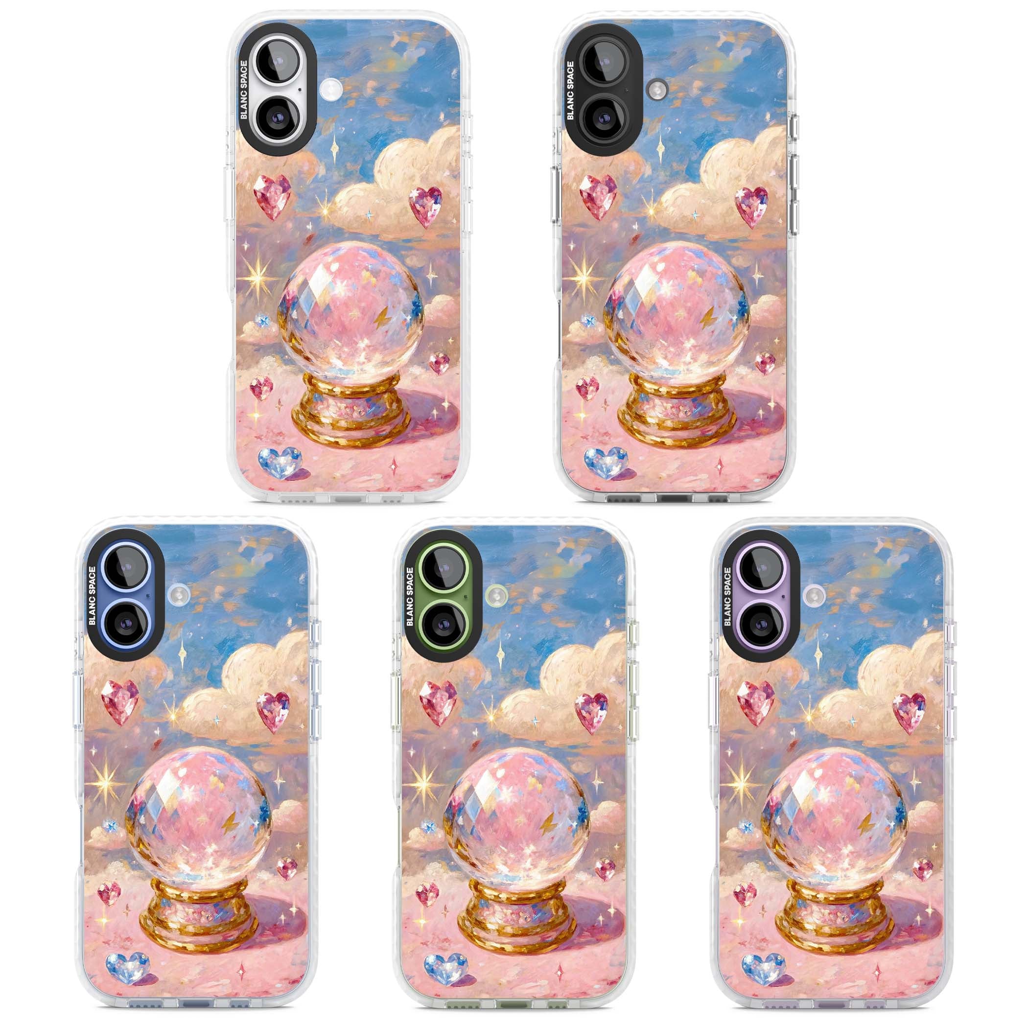 Crystal Ball fairycore iPhone case featuring a painted crystal ball, heart gemstones, and pastel clouds | Black Impact case for iPhone 17