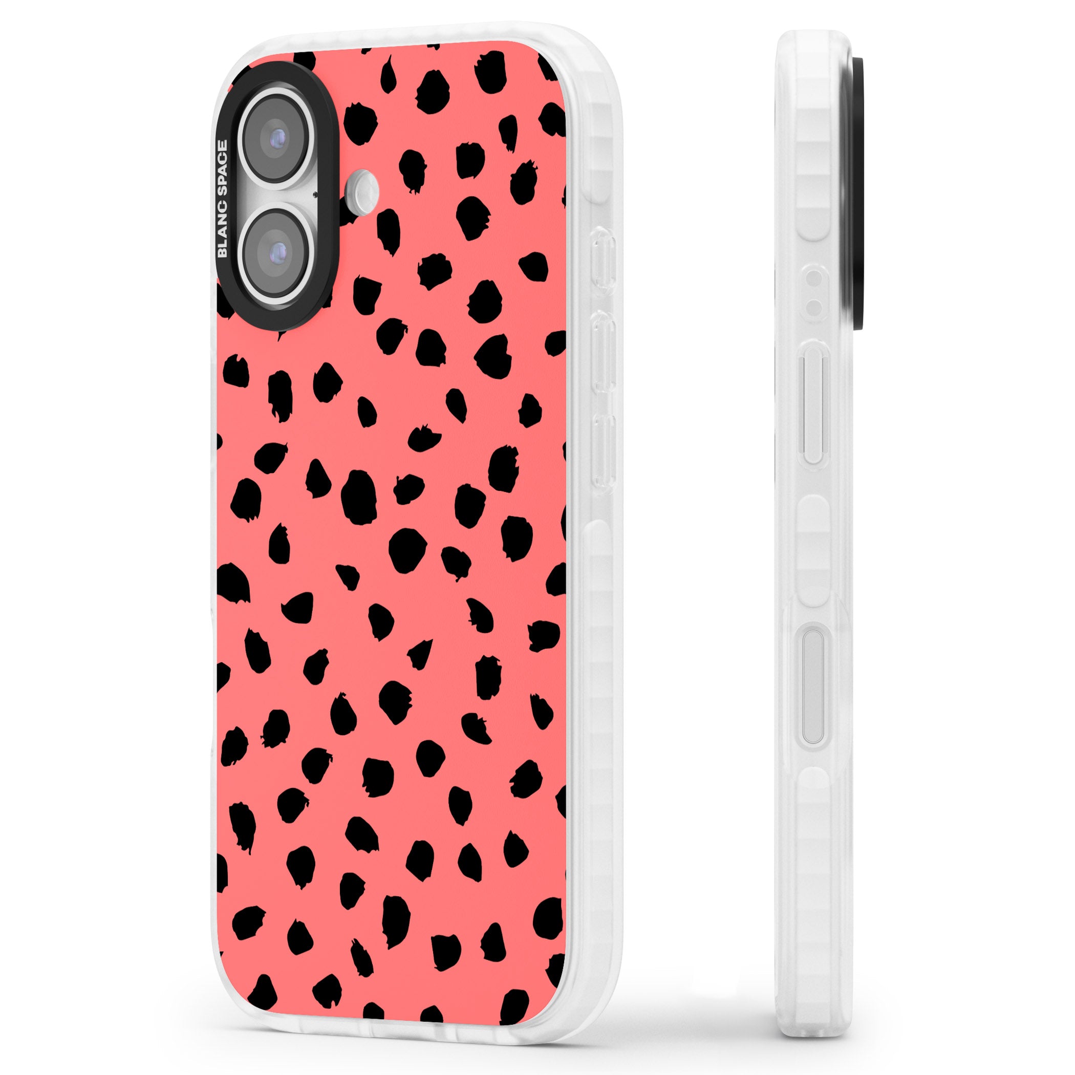 Black Dalmatian Spots On Coral iPhone 17 Impact Clear Phone Case Side Profile