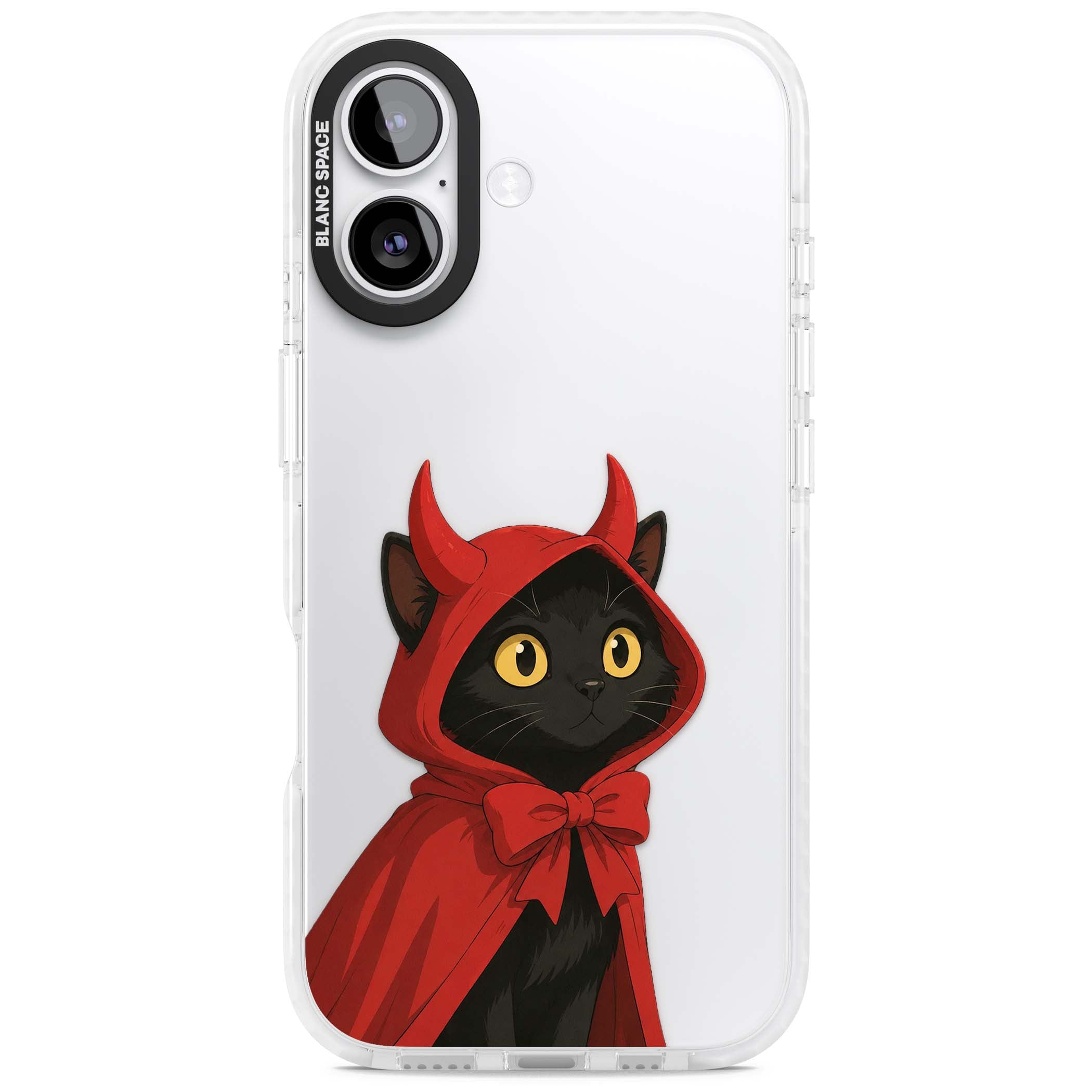 Little Devil halloween iPhone case featuring a black cat in a red hooded devil cloak with horns and golden eyes | Black Impact case for iPhone 17