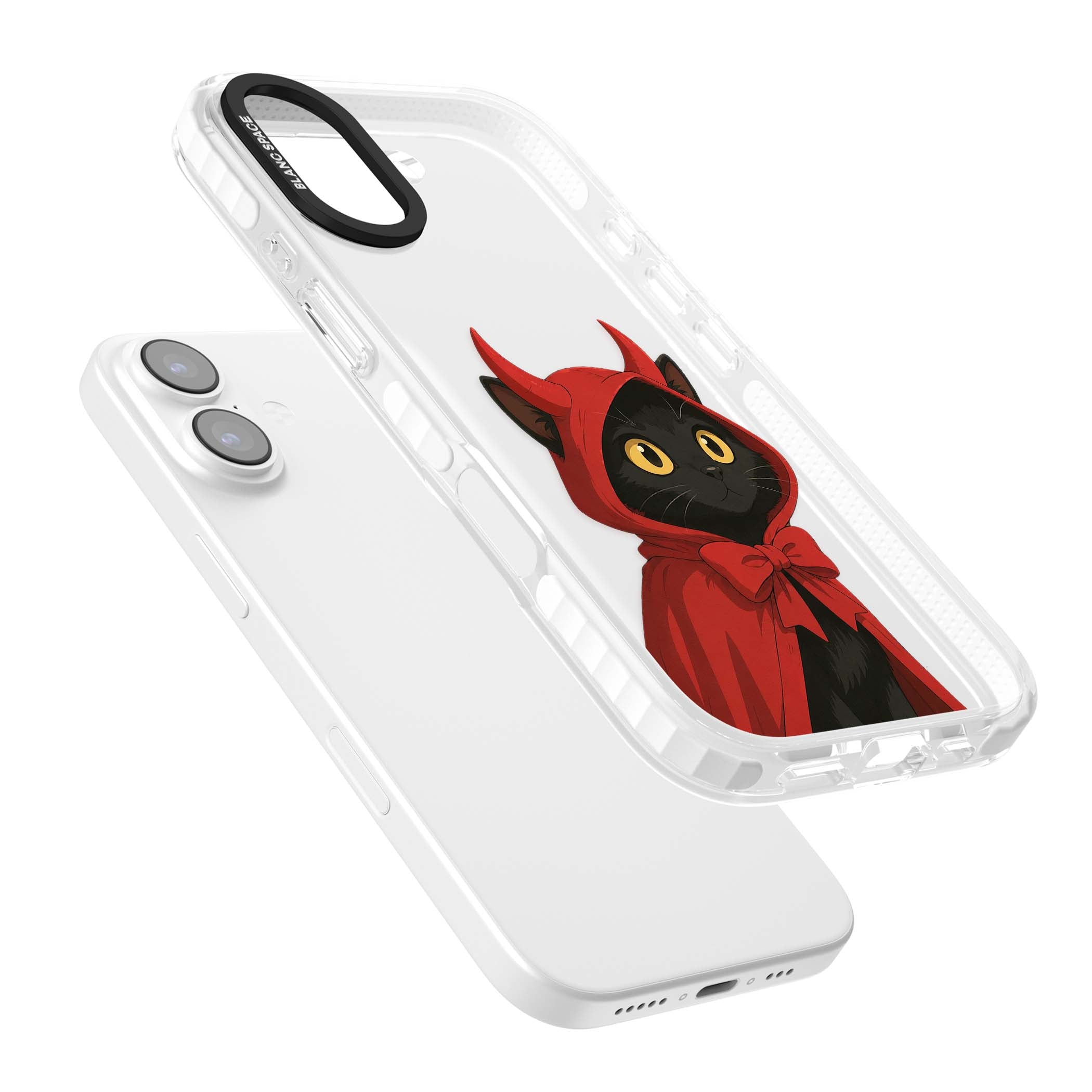 Little Devil halloween iPhone case featuring a black cat in a red hooded devil cloak with horns and golden eyes | Black Impact case for iPhone 17