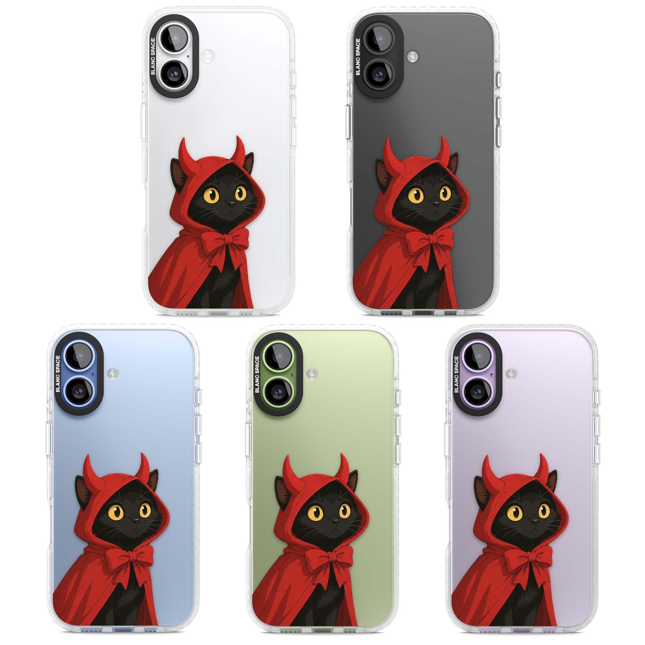 Little Devil halloween iPhone case featuring a black cat in a red hooded devil cloak with horns and golden eyes | Black Impact case for iPhone 17