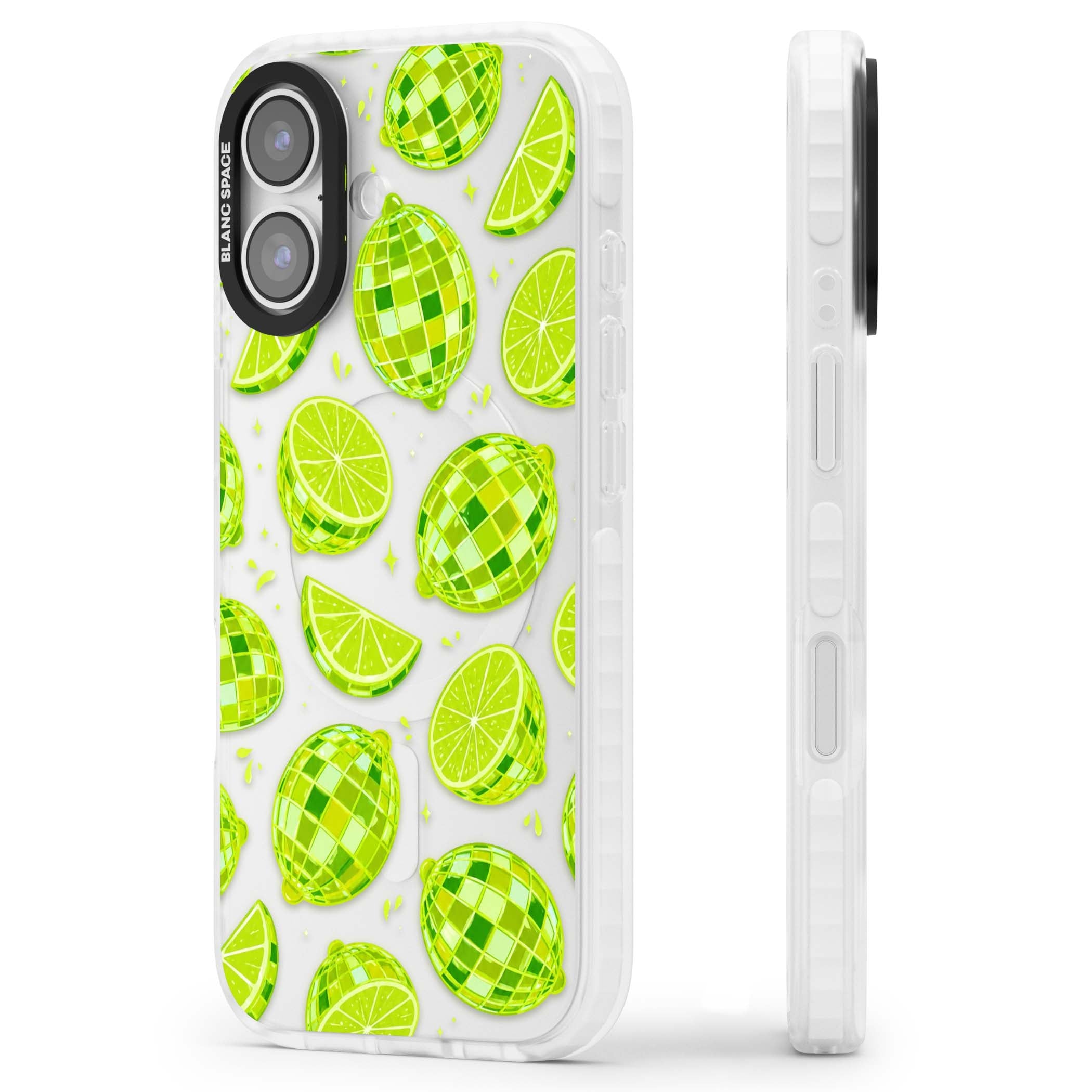 Disco Limes fruit aesthetic iPhone case featuring green disco balls, lime slices and citrus sparkles | Black Impact case for iPhone 17