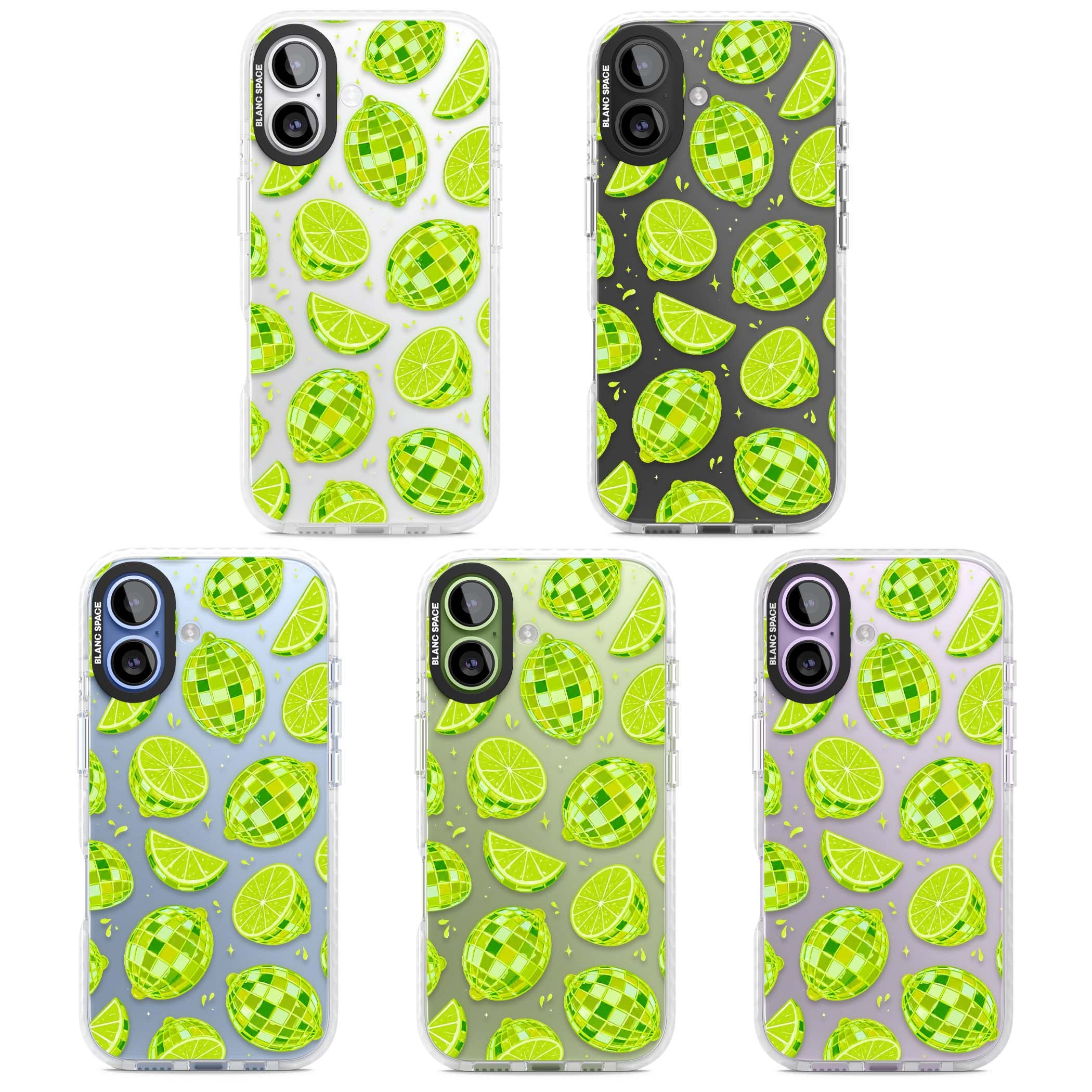 Disco Limes fruit aesthetic iPhone case featuring green disco balls, lime slices and citrus sparkles | Black Impact case for iPhone 17