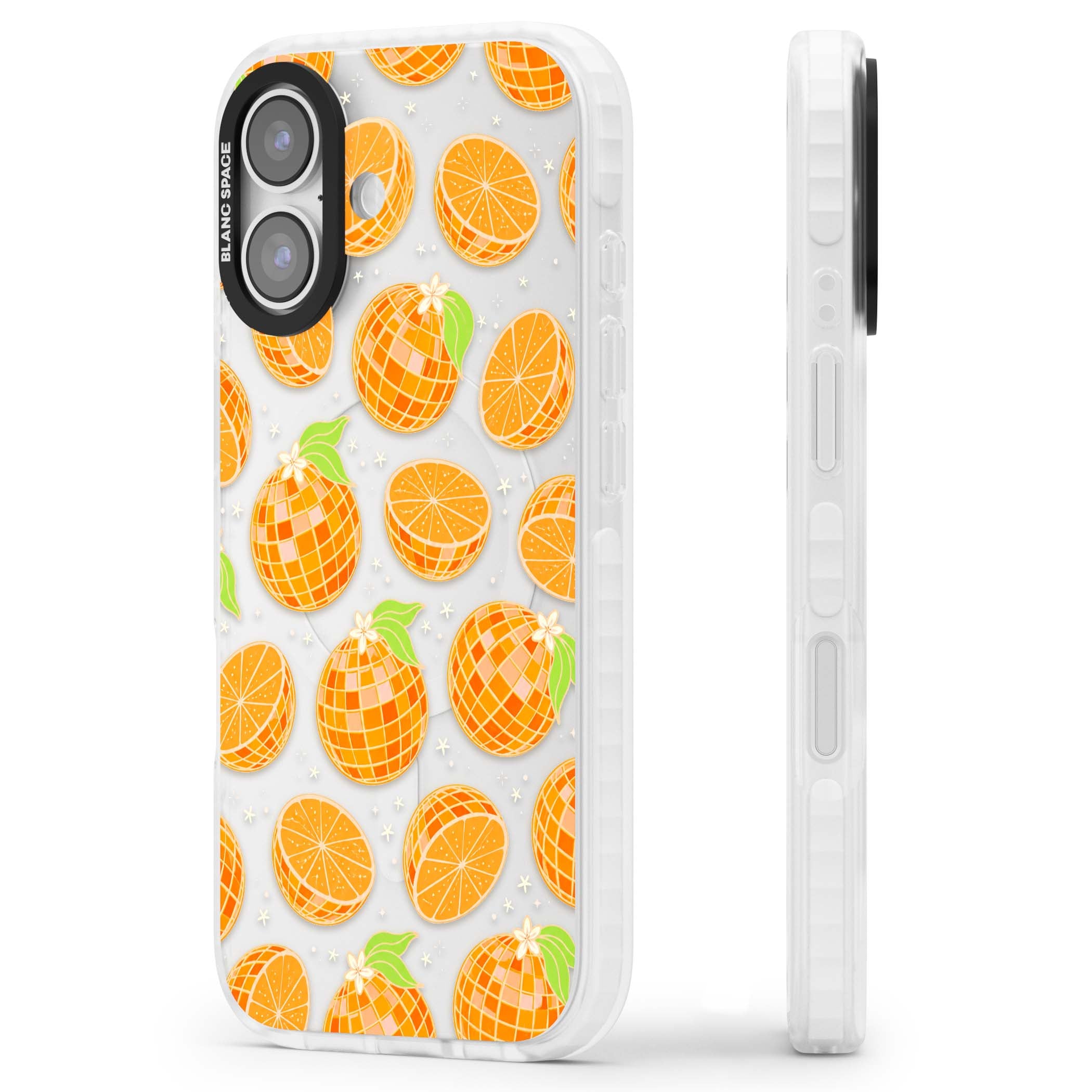 Disco Oranges retro iPhone case featuring mirrorball oranges, citrus slices and tiny blossoms on clear | Black Impact case for iPhone 17