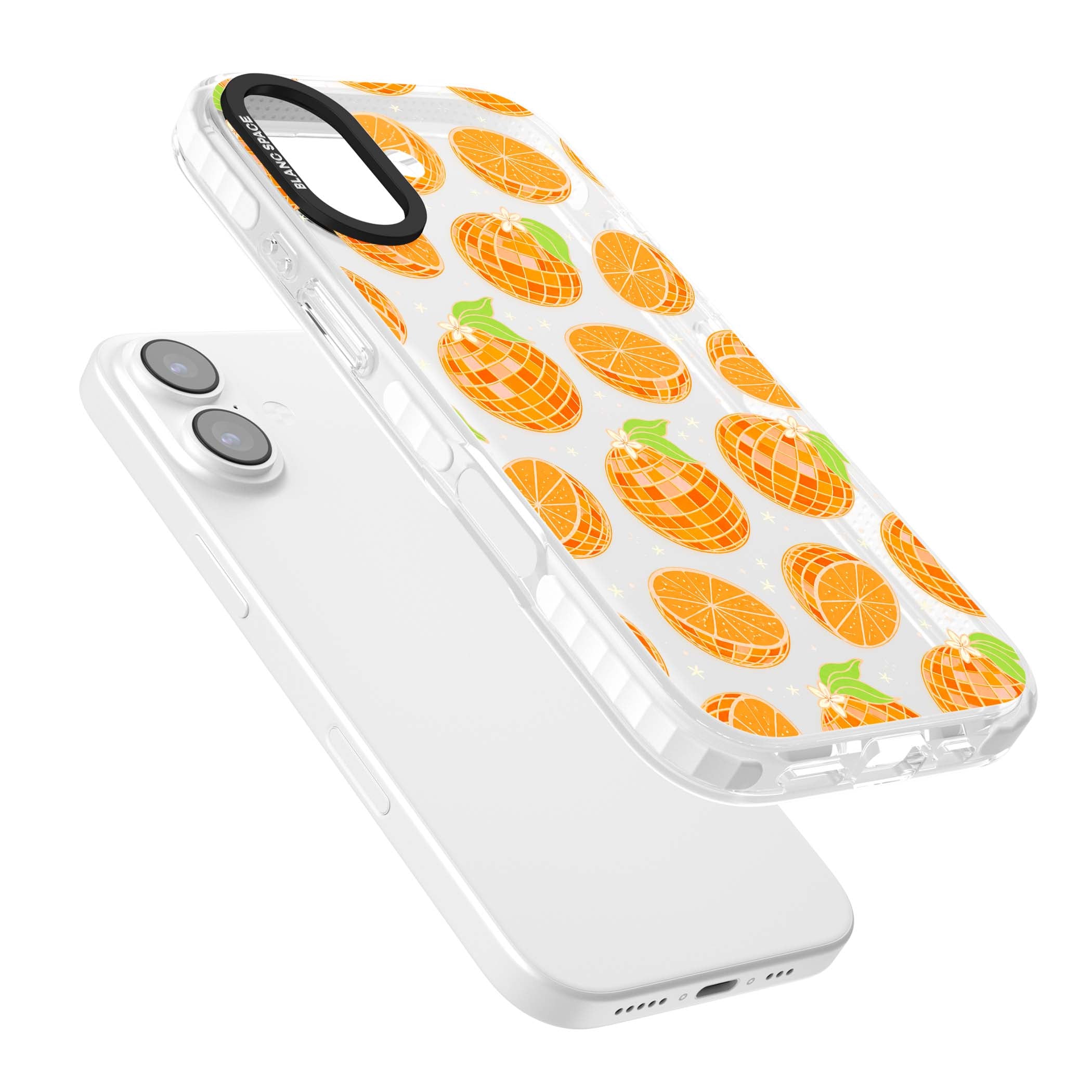 Disco Oranges retro iPhone case featuring mirrorball oranges, citrus slices and tiny blossoms on clear | Black Impact case for iPhone 17