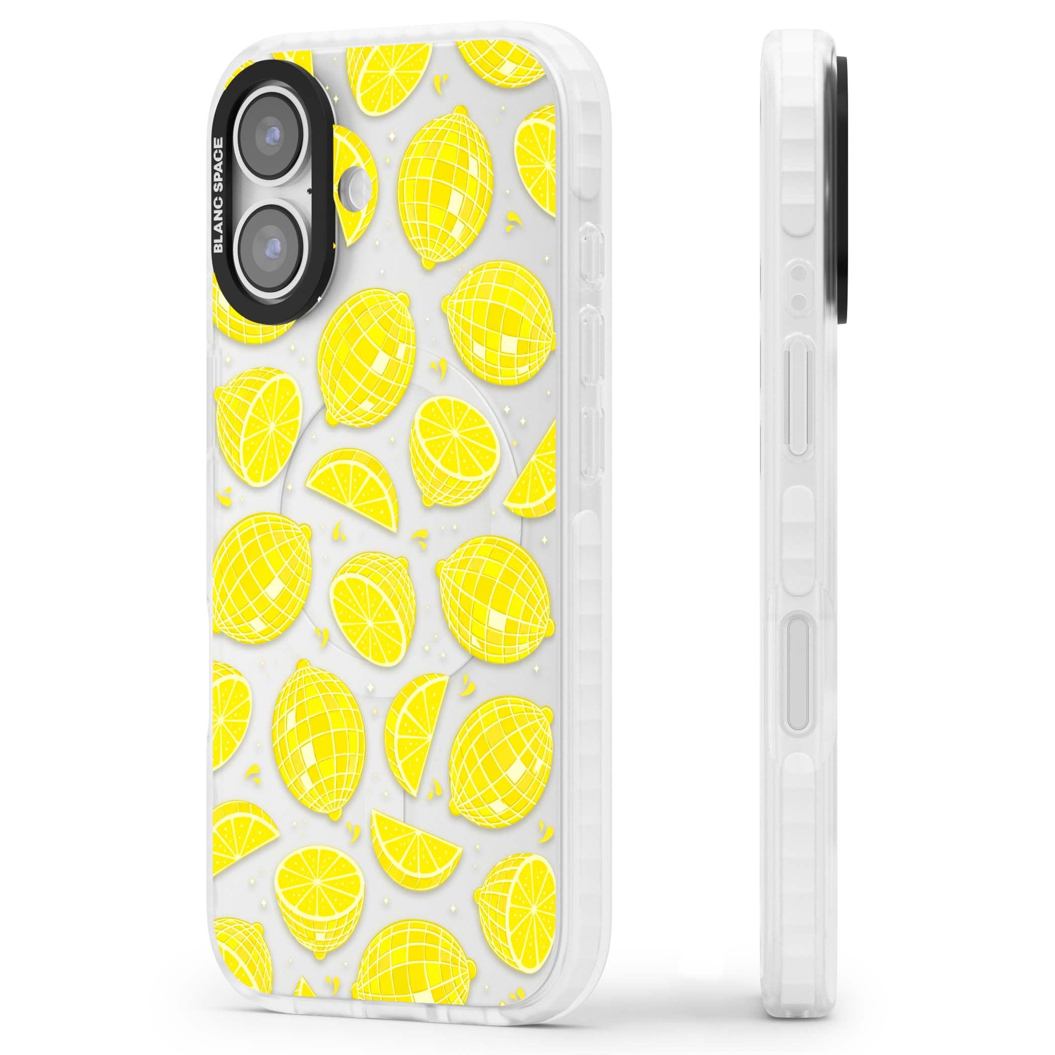 Disco Lemons citrus iPhone case featuring mirrorball lemons, sliced fruit and sparkle accents | Black Impact case for iPhone 17