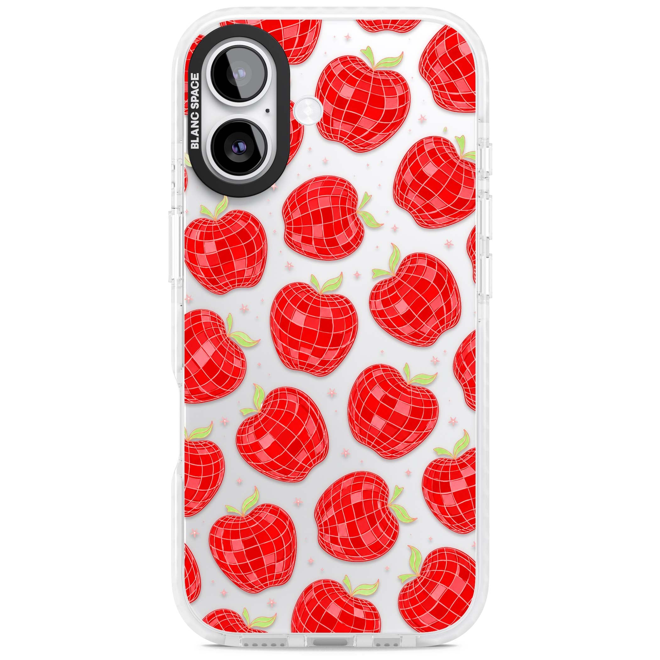 Disco Apples Y2K iPhone case featuring red disco ball apples, green leaves and pink sparkles on clear | Black Impact case for iPhone 17