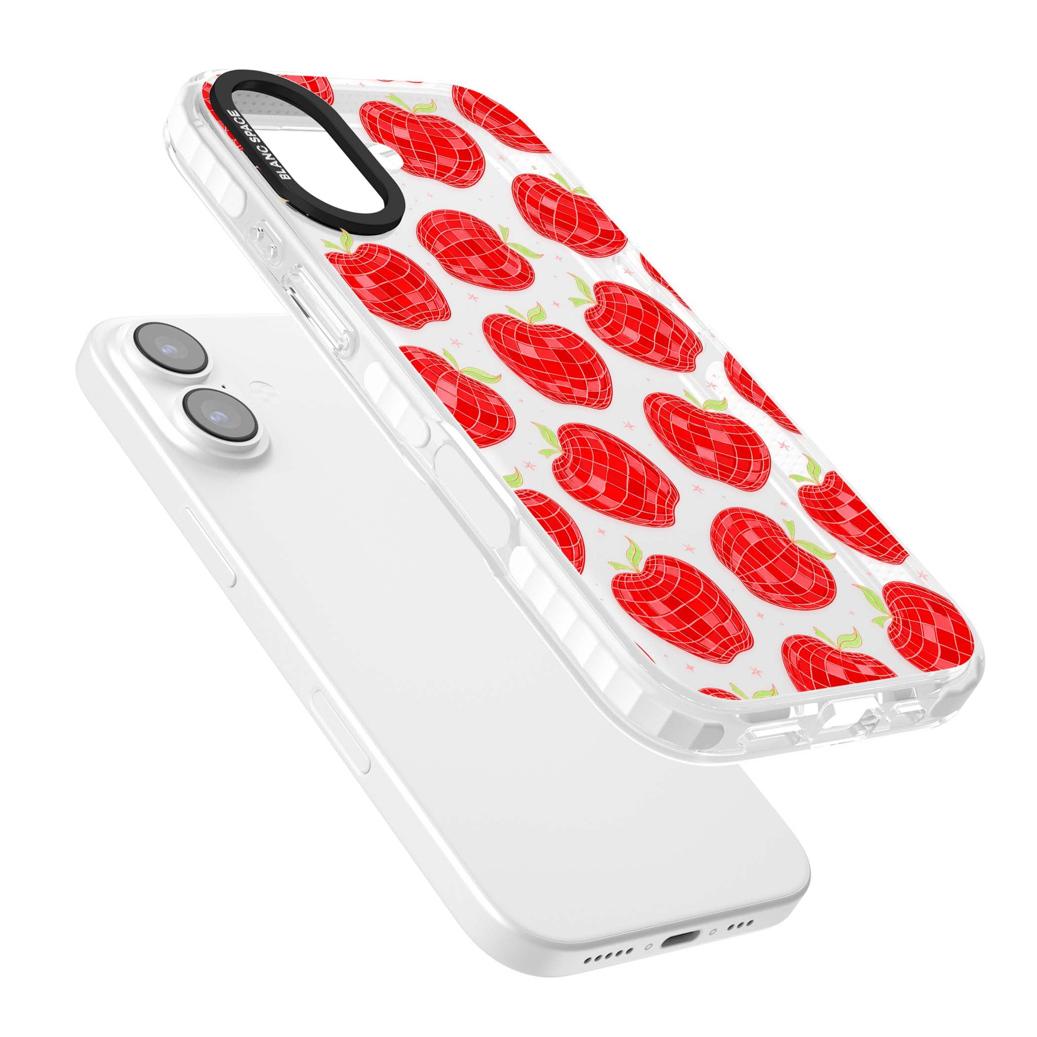 Disco Apples Y2K iPhone case featuring red disco ball apples, green leaves and pink sparkles on clear | Black Impact case for iPhone 17