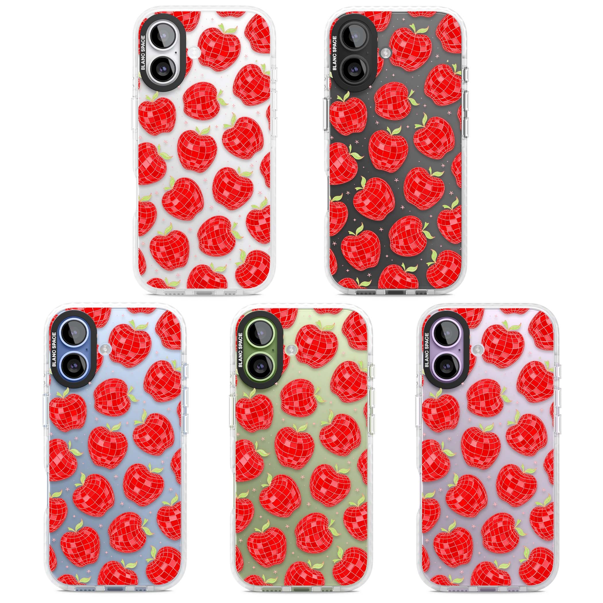 Disco Apples Y2K iPhone case featuring red disco ball apples, green leaves and pink sparkles on clear | Black Impact case for iPhone 17
