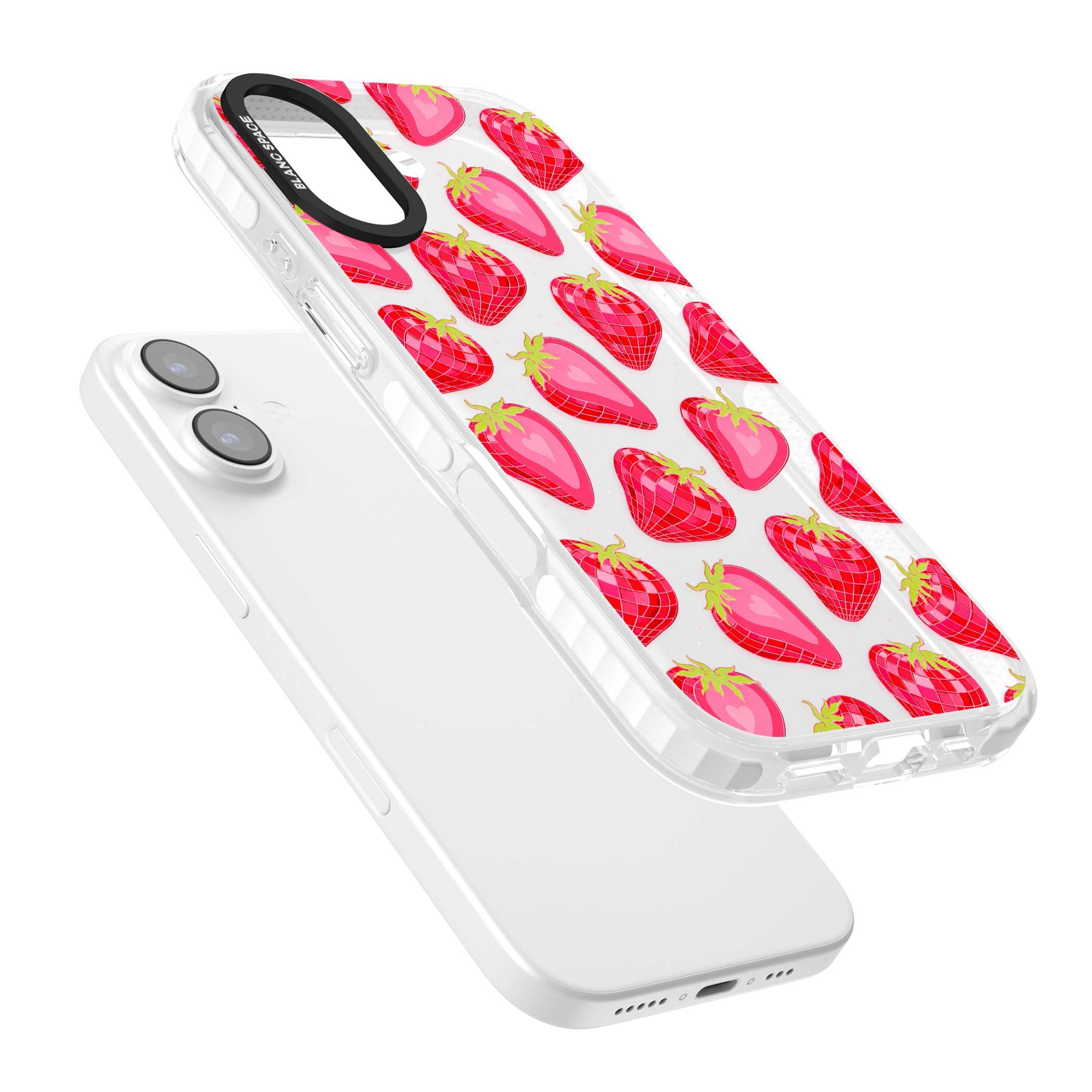 Disco Strawberry Y2K iPhone case featuring pink disco-ball strawberries, green leaves and tiny sparkles | Black Impact case for iPhone 17