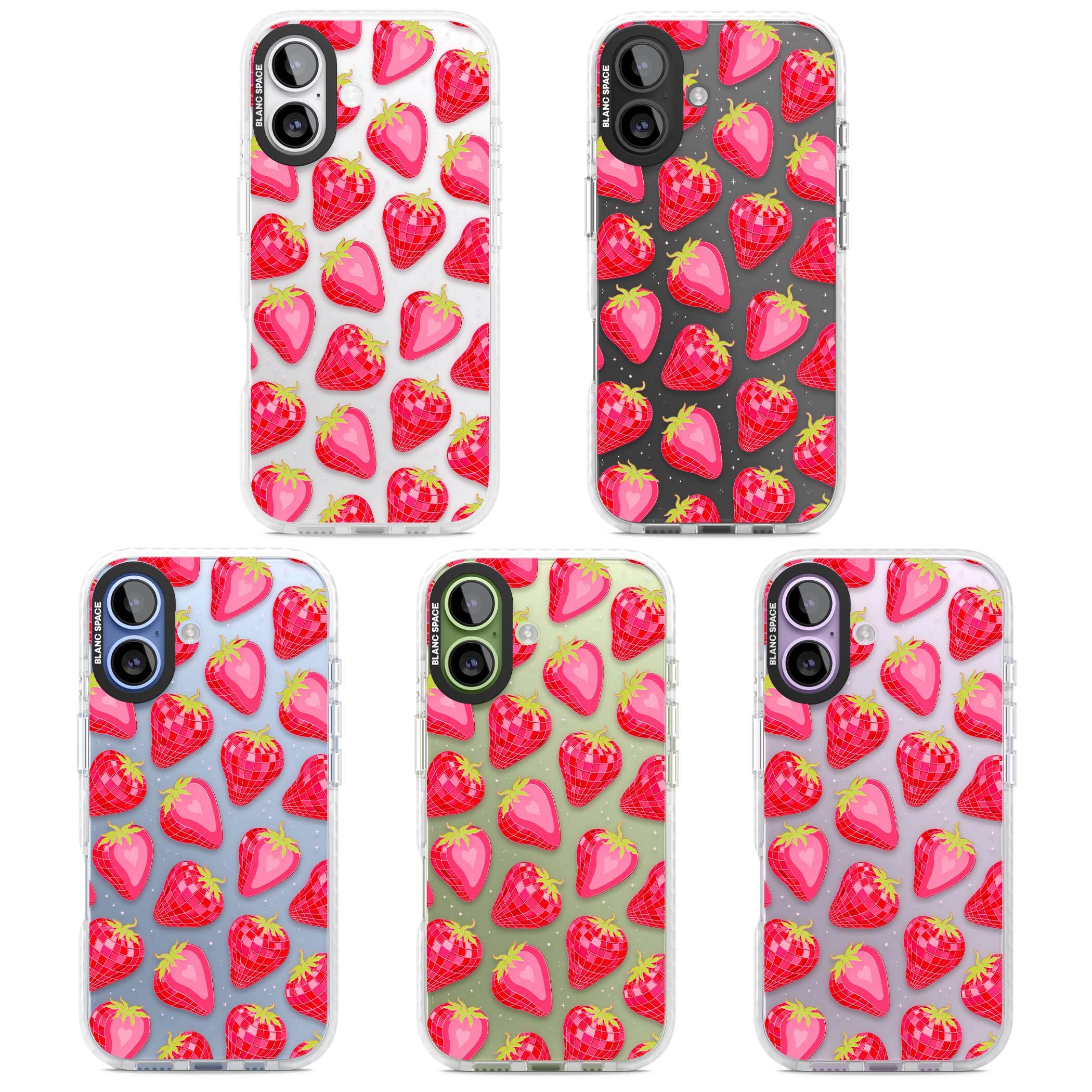 Disco Strawberry Y2K iPhone case featuring pink disco-ball strawberries, green leaves and tiny sparkles | Black Impact case for iPhone 17