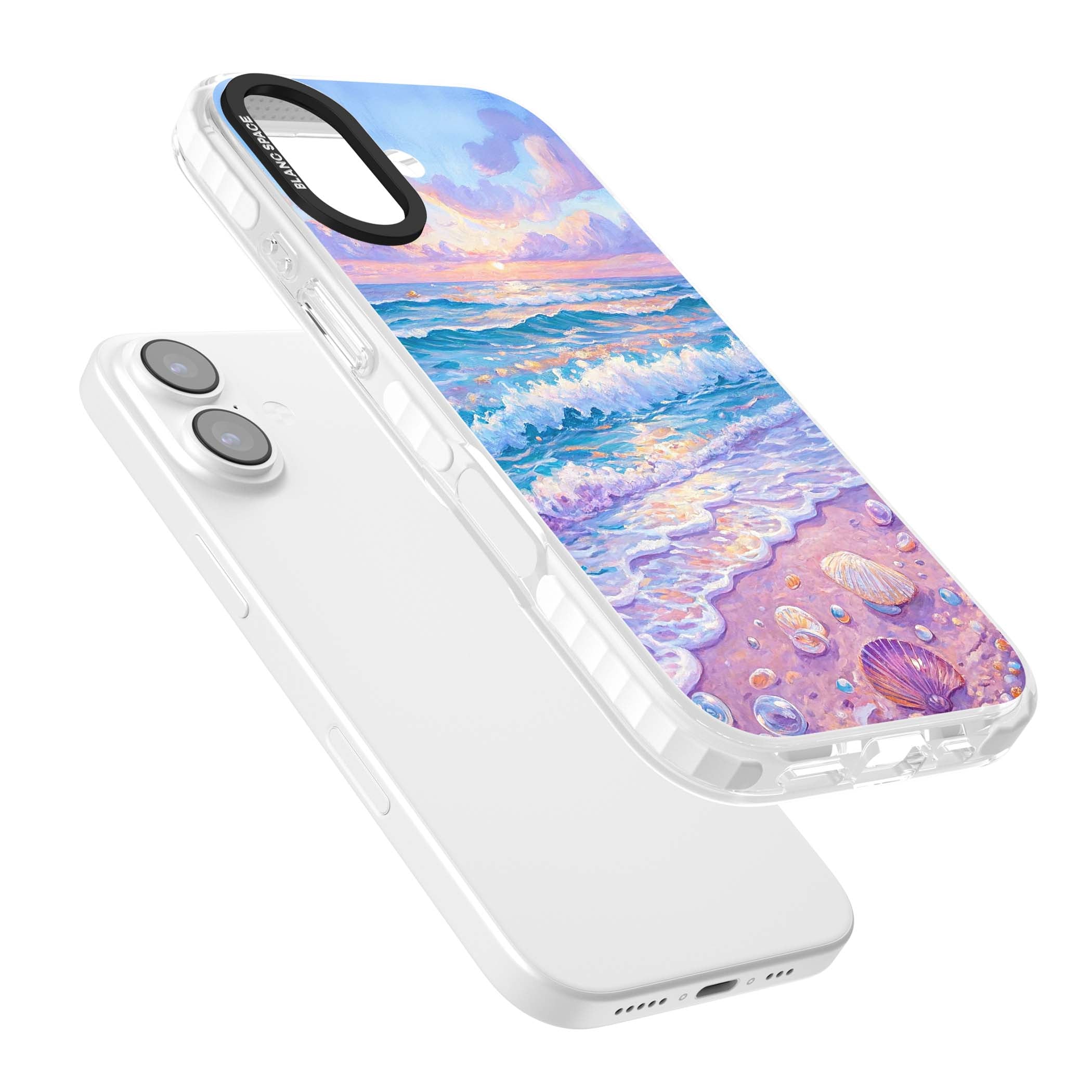 Pearl Shore coastal iPhone case featuring pastel painted waves, seashells, and a sunrise sky over a lavender beach. | Black Impact case for iPhone 17