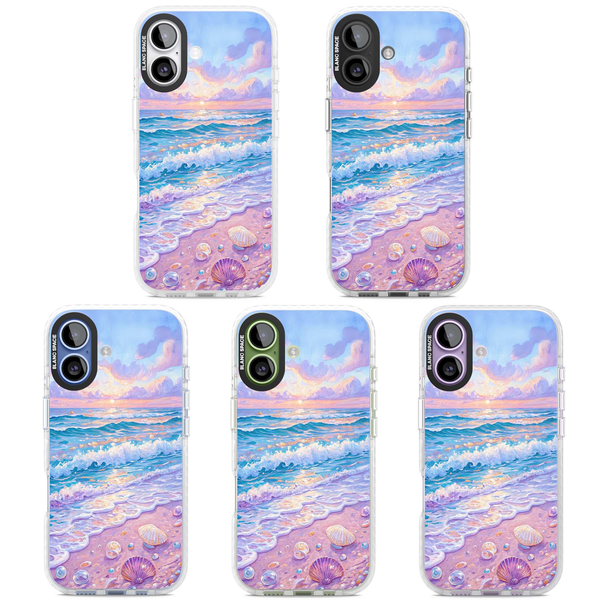 Pearl Shore coastal iPhone case featuring pastel painted waves, seashells, and a sunrise sky over a lavender beach. | Black Impact case for iPhone 17