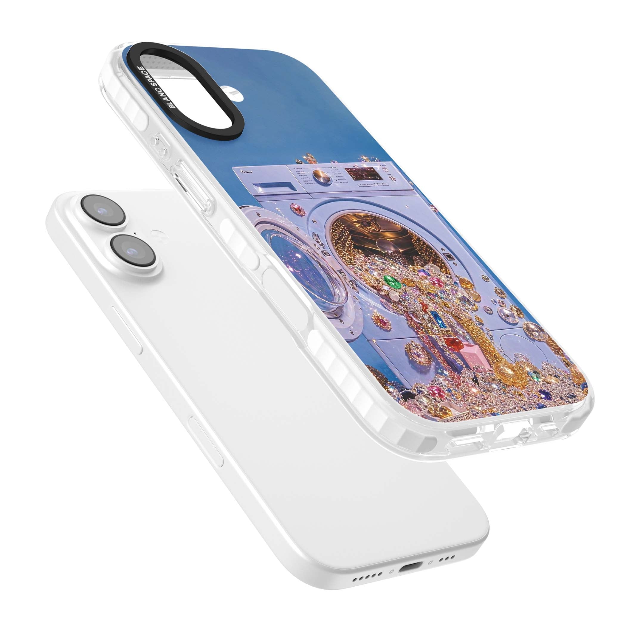 Gem Laundry baddie iPhone case featuring a surreal washing machine overflowing with colourful gemstones and crystals | Black Impact case for iPhone 17