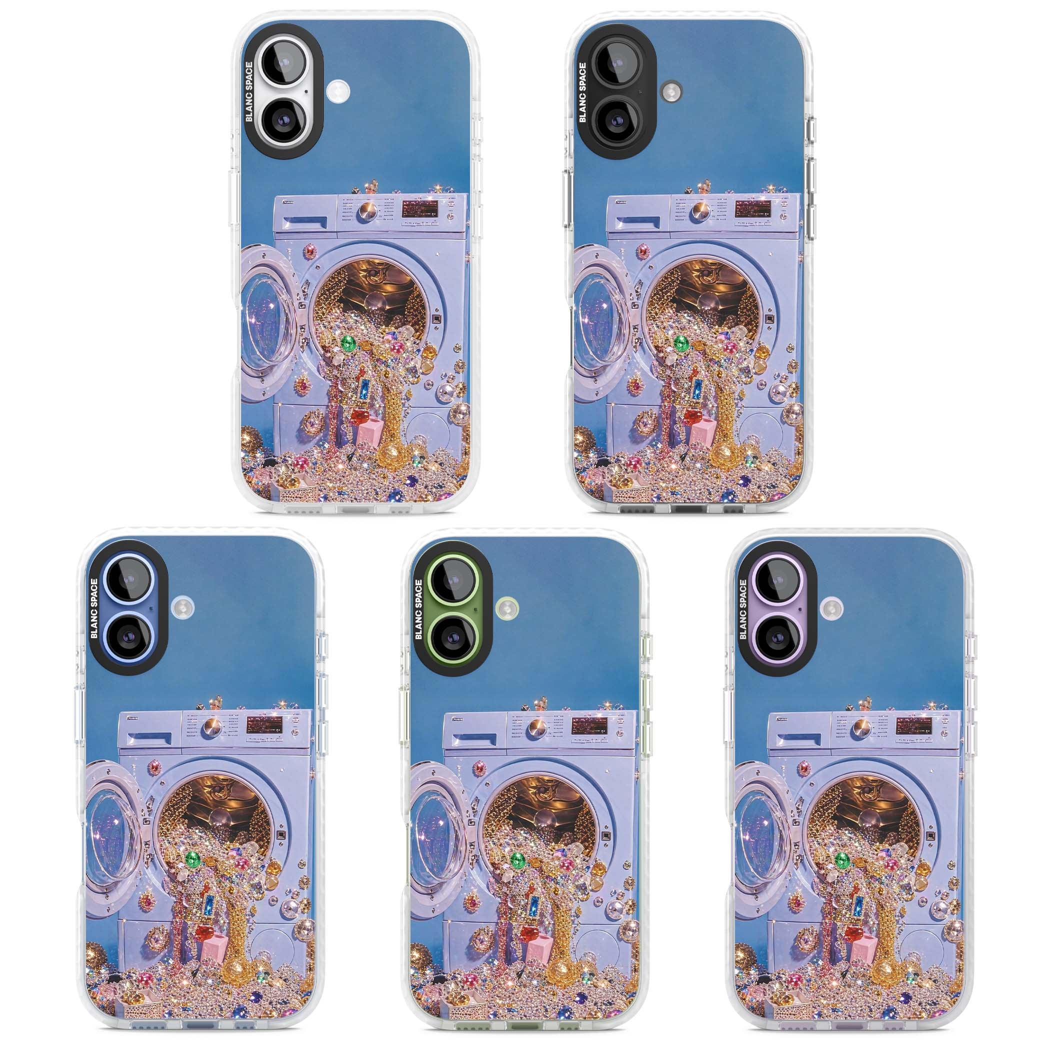 Gem Laundry baddie iPhone case featuring a surreal washing machine overflowing with colourful gemstones and crystals | Black Impact case for iPhone 17