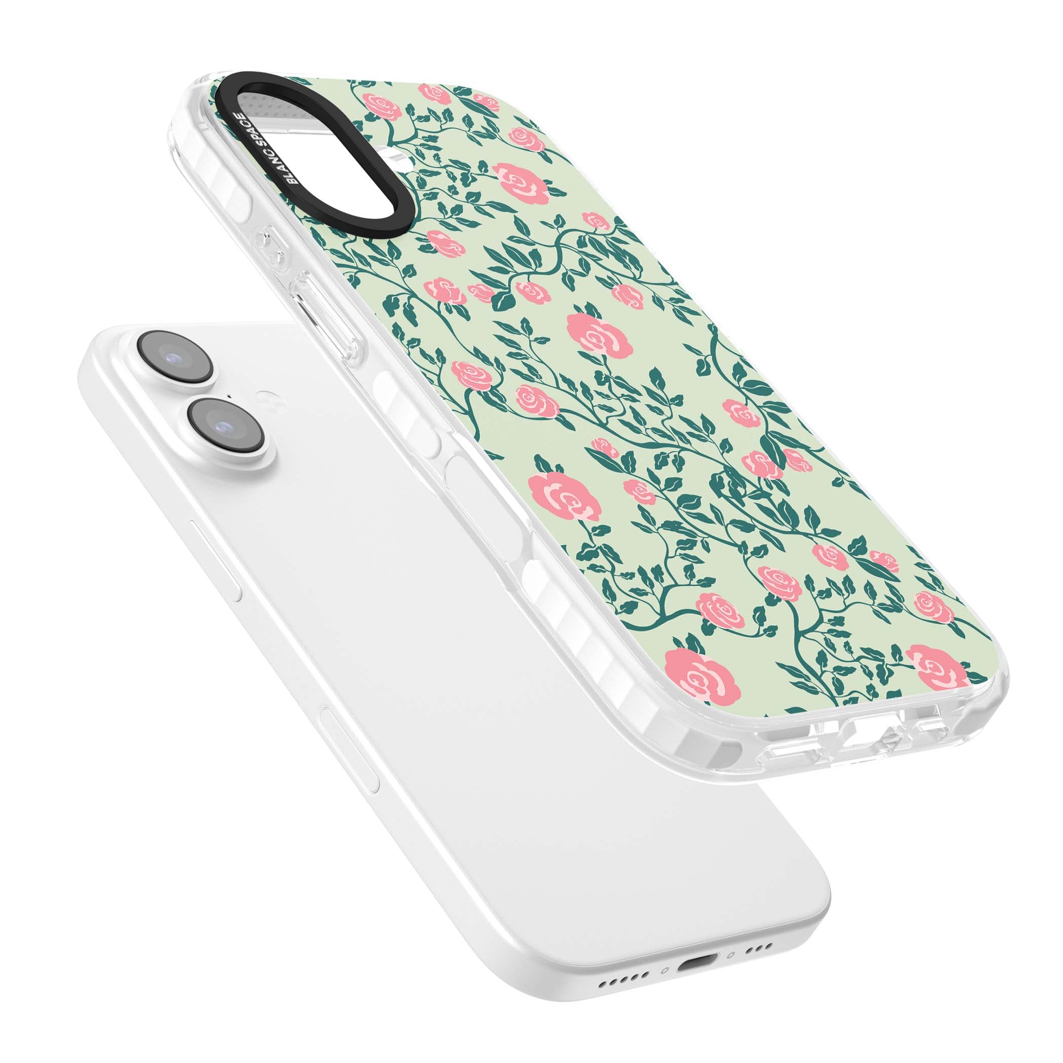 Rose Trellis cottagecore iPhone case featuring pink roses, sage green vines, and mint background | Black Impact case for iPhone 17
