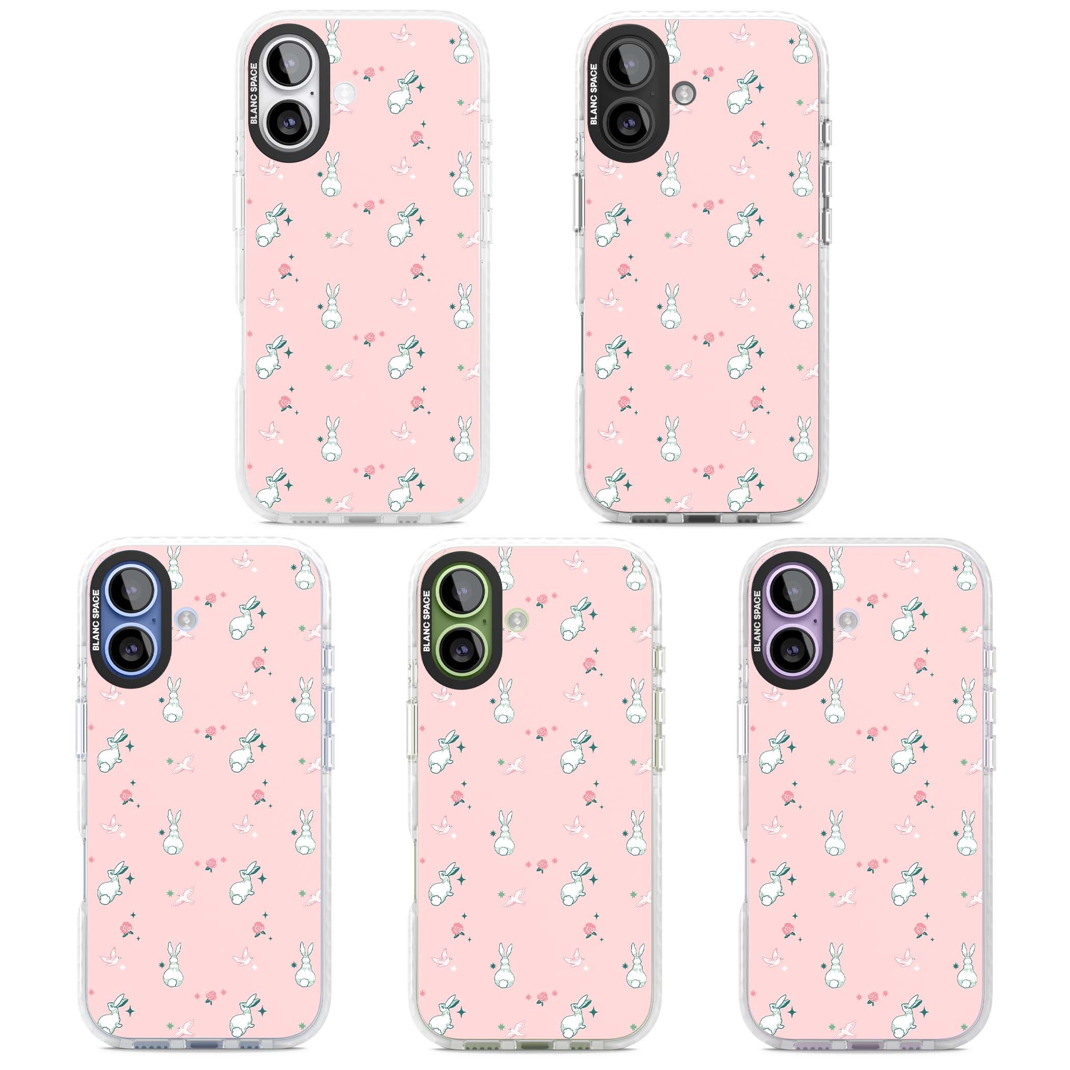 Bunny Garden kawaii iPhone case featuring white rabbits, pink roses, doves and stars on pink background | Black Impact case for iPhone 17