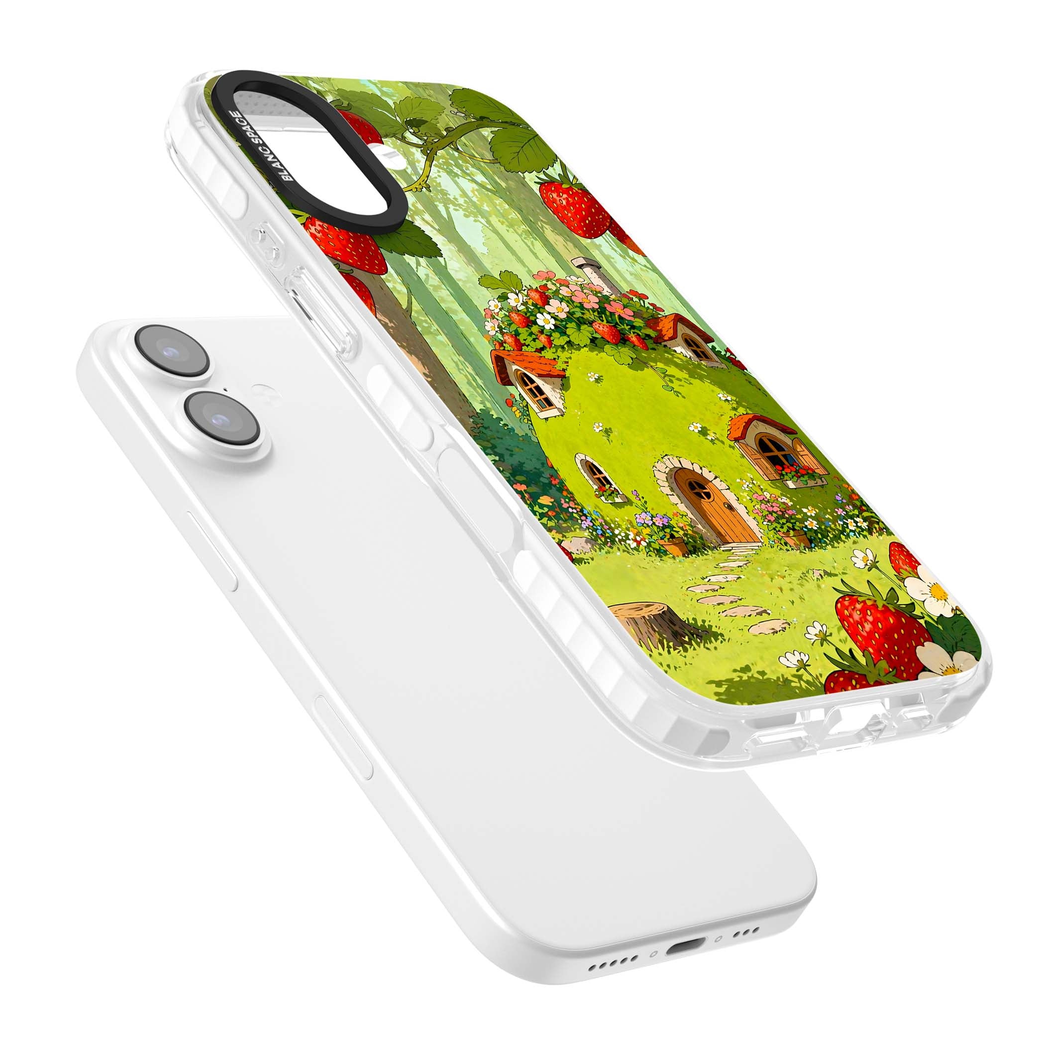Strawberry Cottage cottagecore iPhone case featuring a green fairy house, wild strawberries and enchanted forest flowers | Black Impact case for iPhone 17