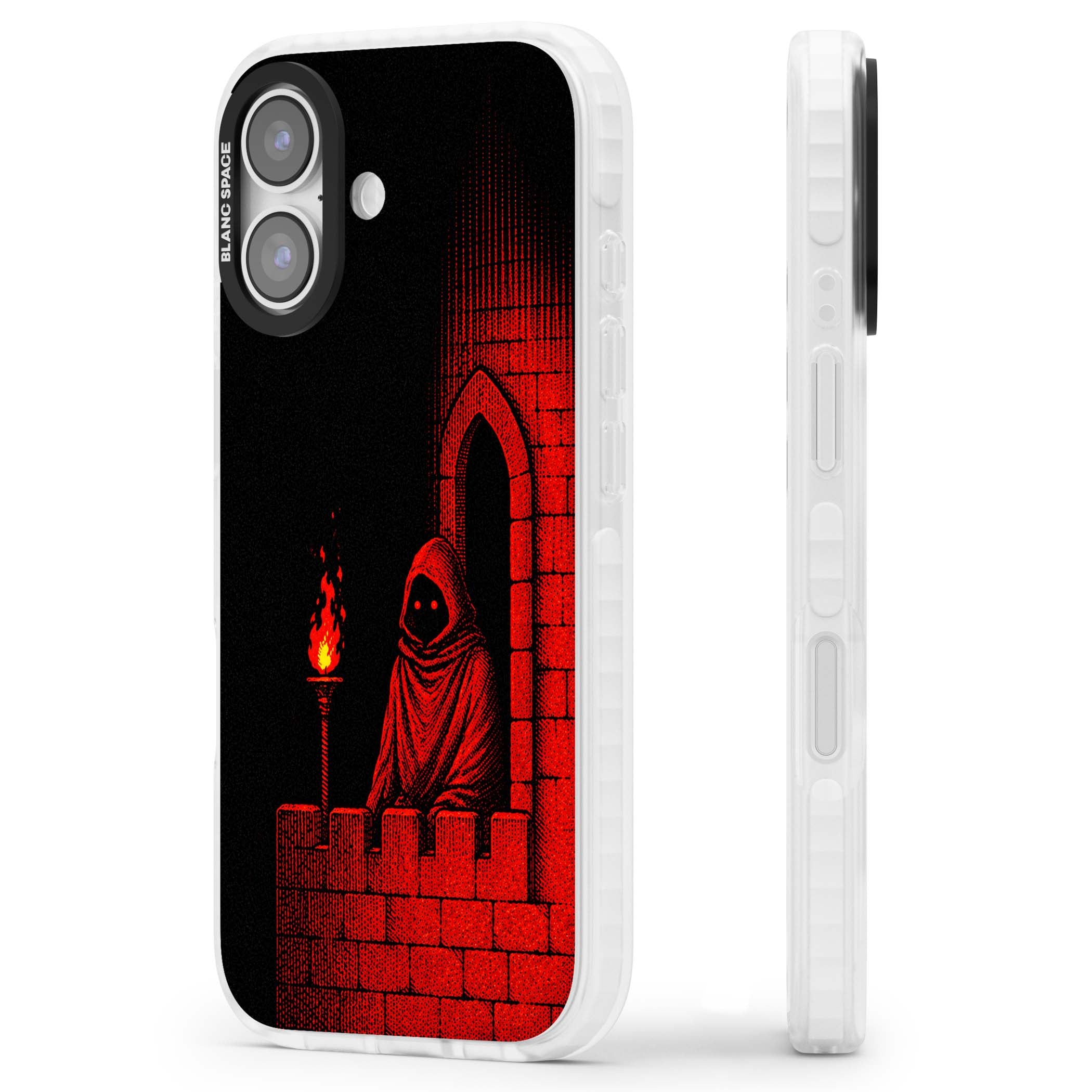 Crimson Crypt gothic iPhone case featuring a hooded reaper, torchlit crypt archway and red halftone horror art | Black Impact case for iPhone 17