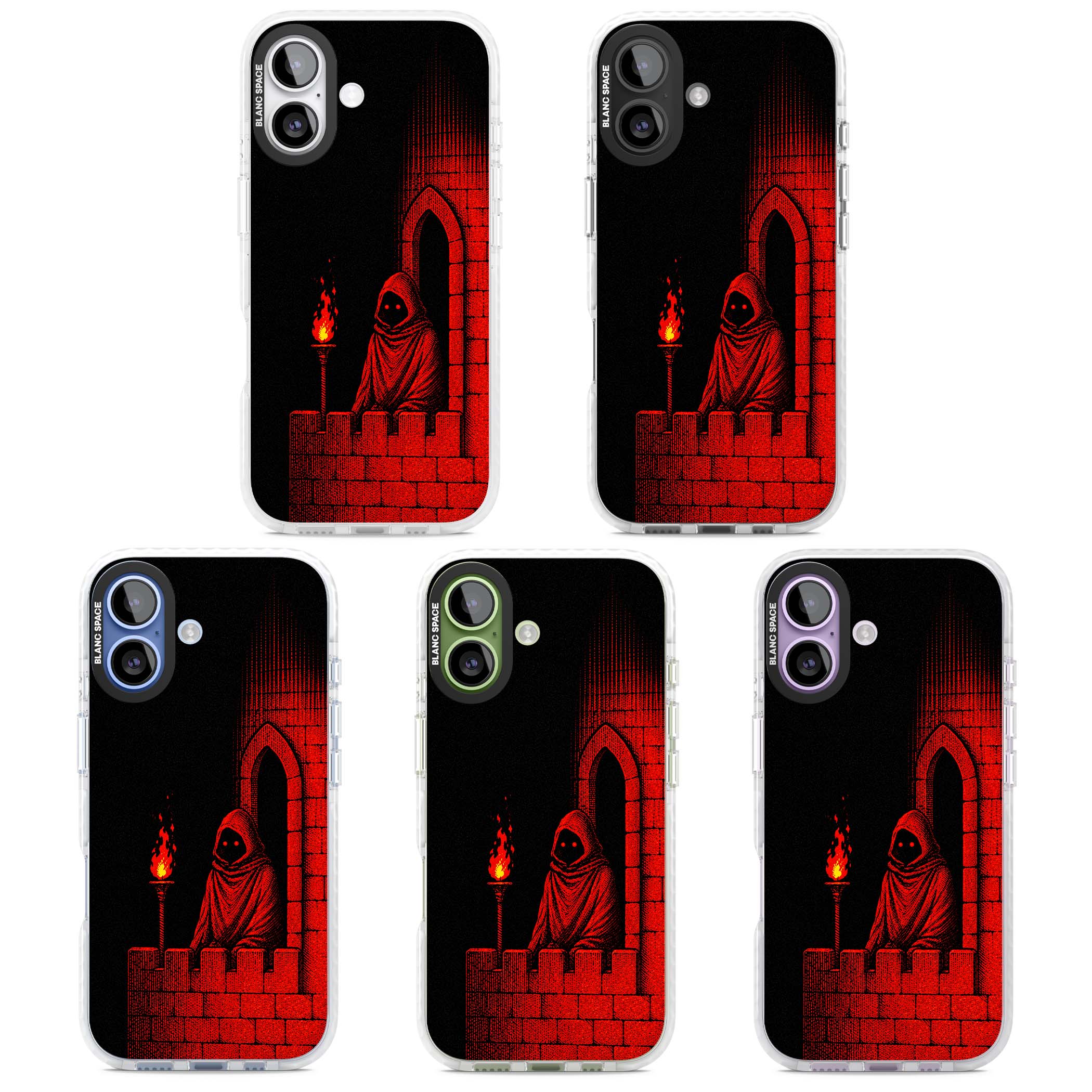 Crimson Crypt gothic iPhone case featuring a hooded reaper, torchlit crypt archway and red halftone horror art | Black Impact case for iPhone 17