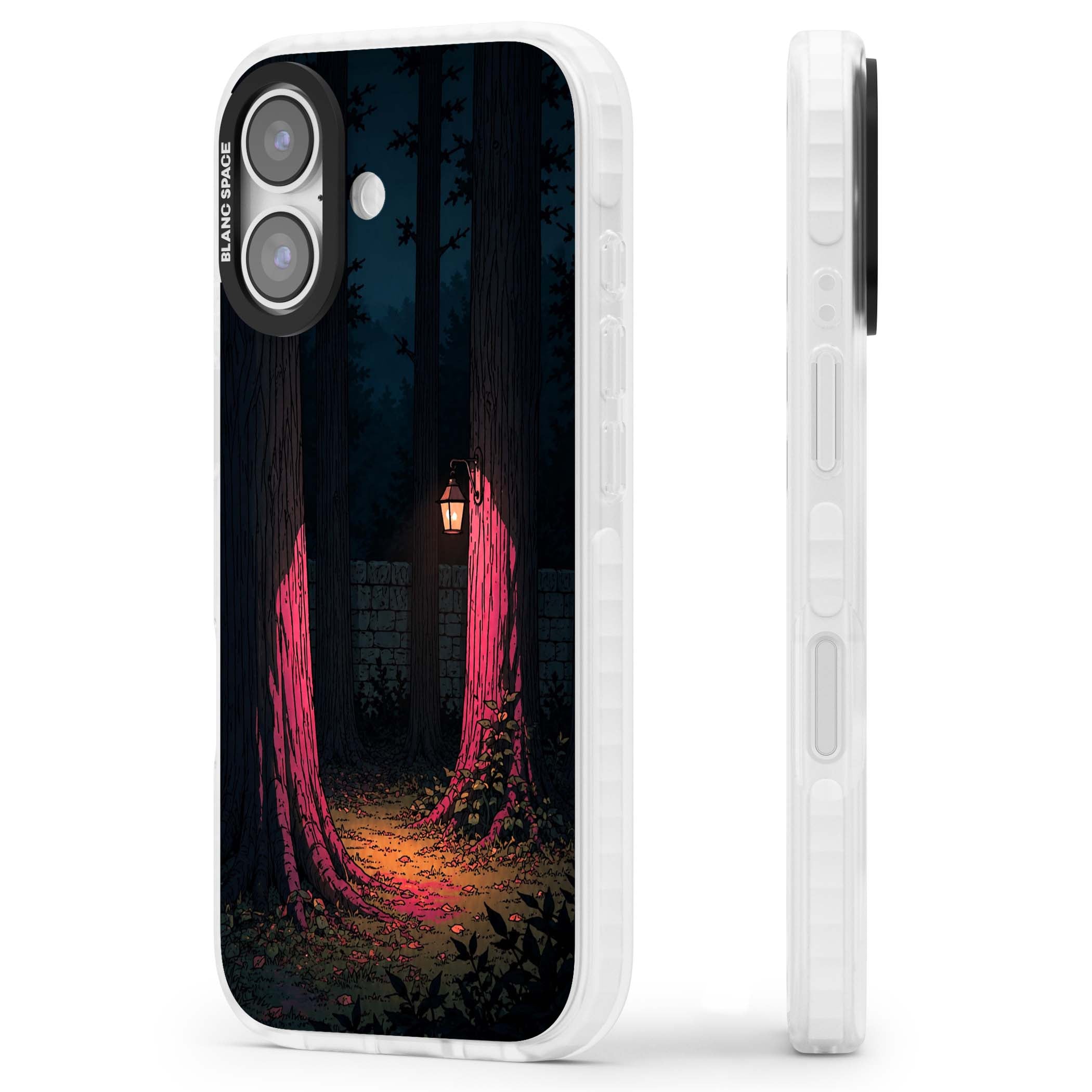 Forest Lantern dark academia iPhone case featuring a moonlit forest, glowing lantern, and stone wall pathway | Black Impact case for iPhone 17