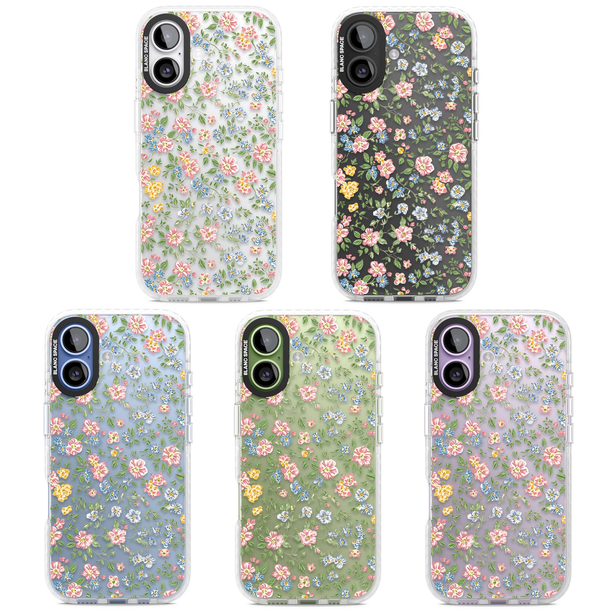 Soft Meadow cottagecore iPhone case featuring pink cosmos, blue forget-me-nots, yellow buttercups and green leaves sca | Black Impact case for iPhone 17