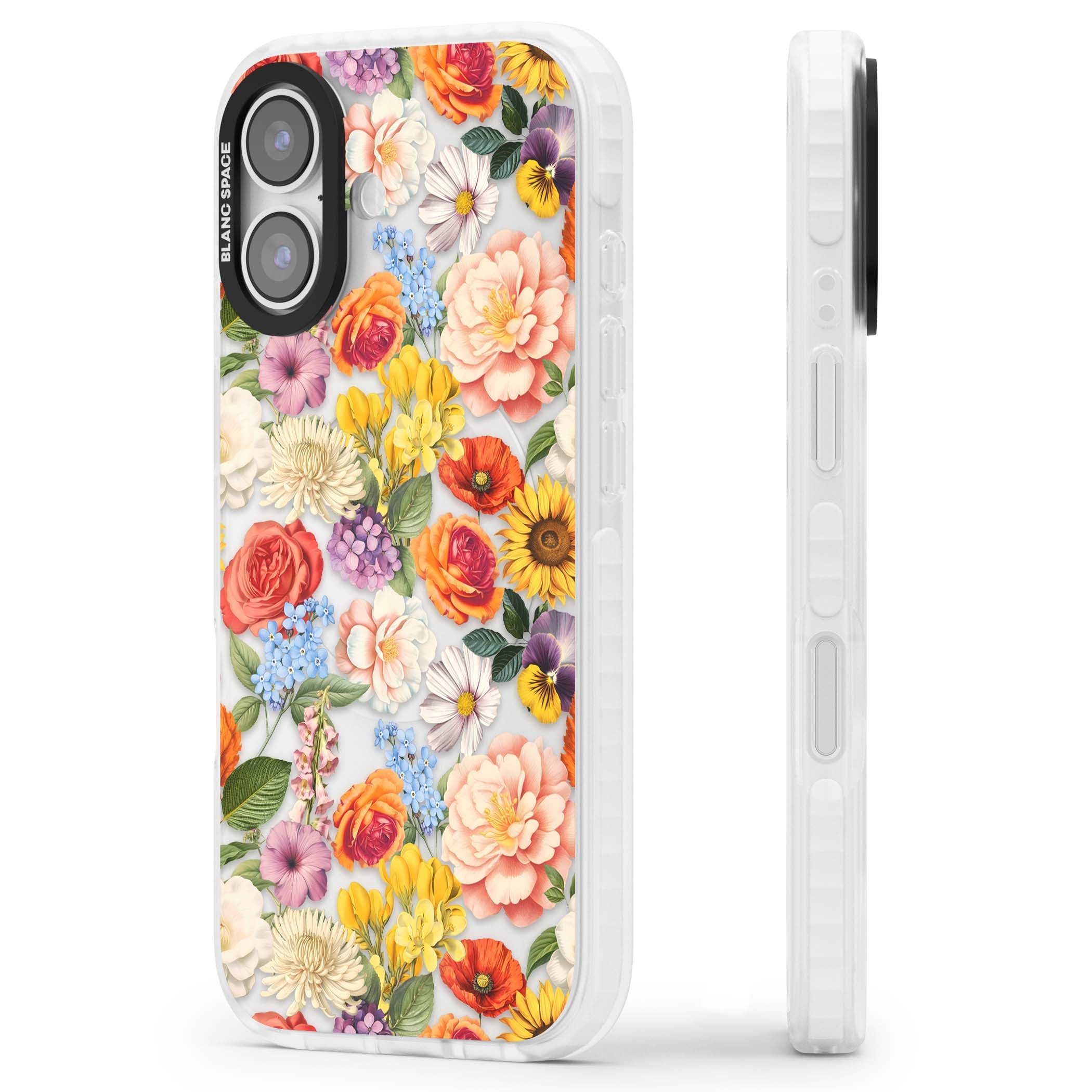 Bloom Basket floral iPhone case featuring cottage garden flowers including peonies, sunflowers, and wildflowers in pastel col | Black Impact case for iPhone 17