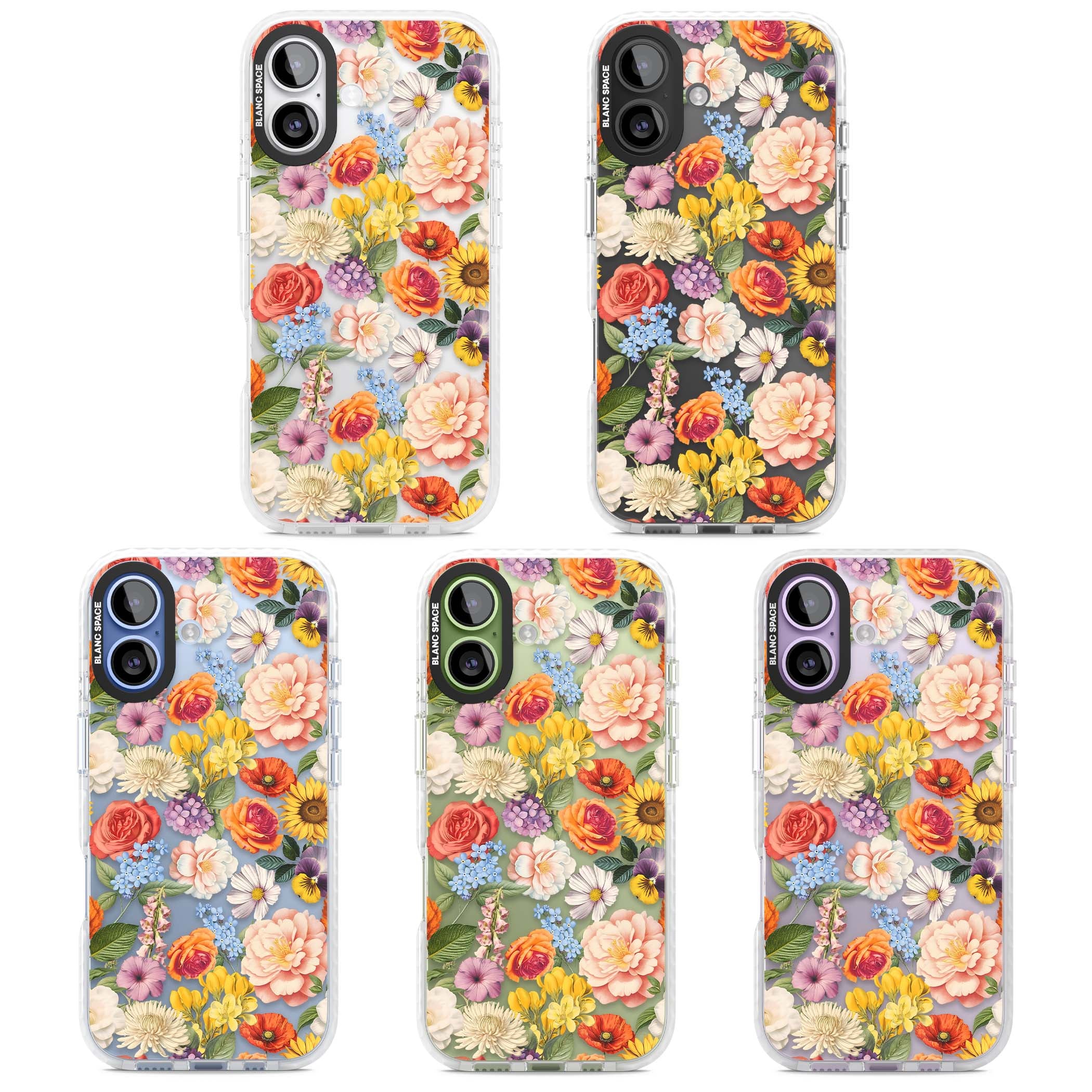 Bloom Basket floral iPhone case featuring cottage garden flowers including peonies, sunflowers, and wildflowers in pastel col | Black Impact case for iPhone 17