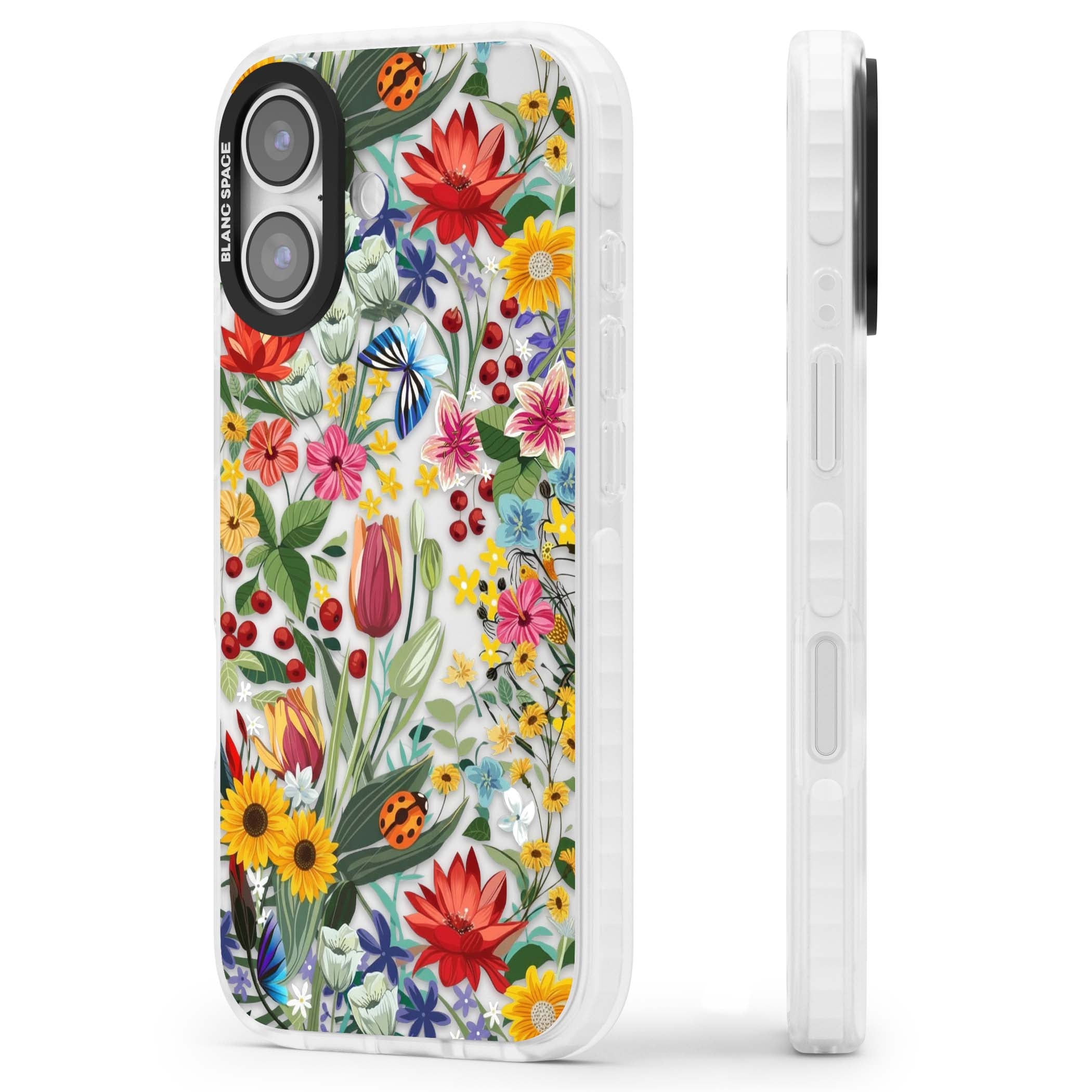 Botanical Bloom cottagecore iPhone case featuring colorful wildflowers, sunflowers, and ladybugs on clear background | Black Impact case for iPhone 17