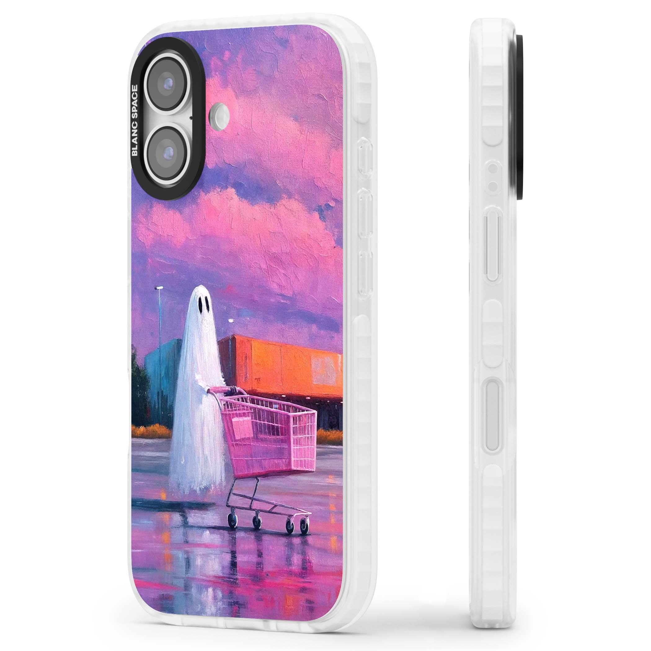 A Ghost's Errand ghost halloween iPhone case featuring a painted ghost, pink shopping trolley and purple sunset sky | Black Impact case for iPhone 17