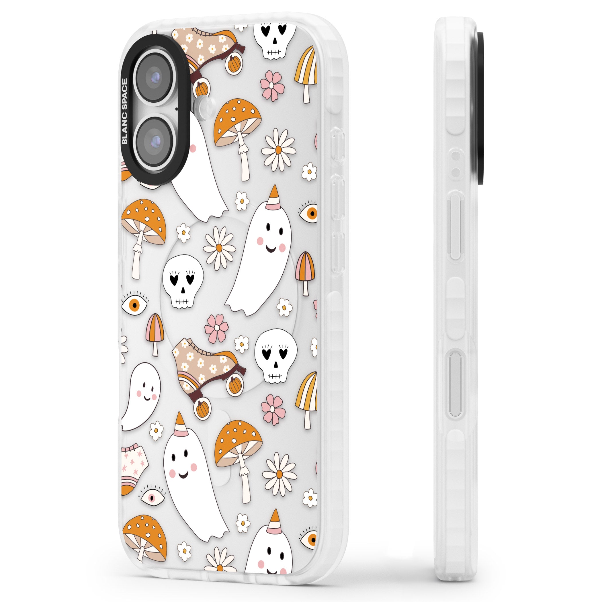Cute Ghost And Skulls Pattern iPhone 17 Impact Clear Phone Case Side Profile