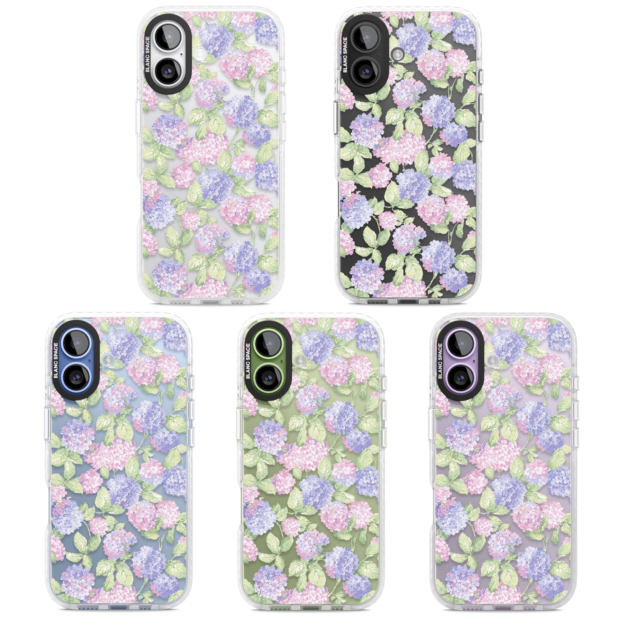 Cottage Hydrangea cottagecore iPhone case featuring pink and purple hydrangea blooms with green leaves on a clear background | Black Impact case for iPhone 17