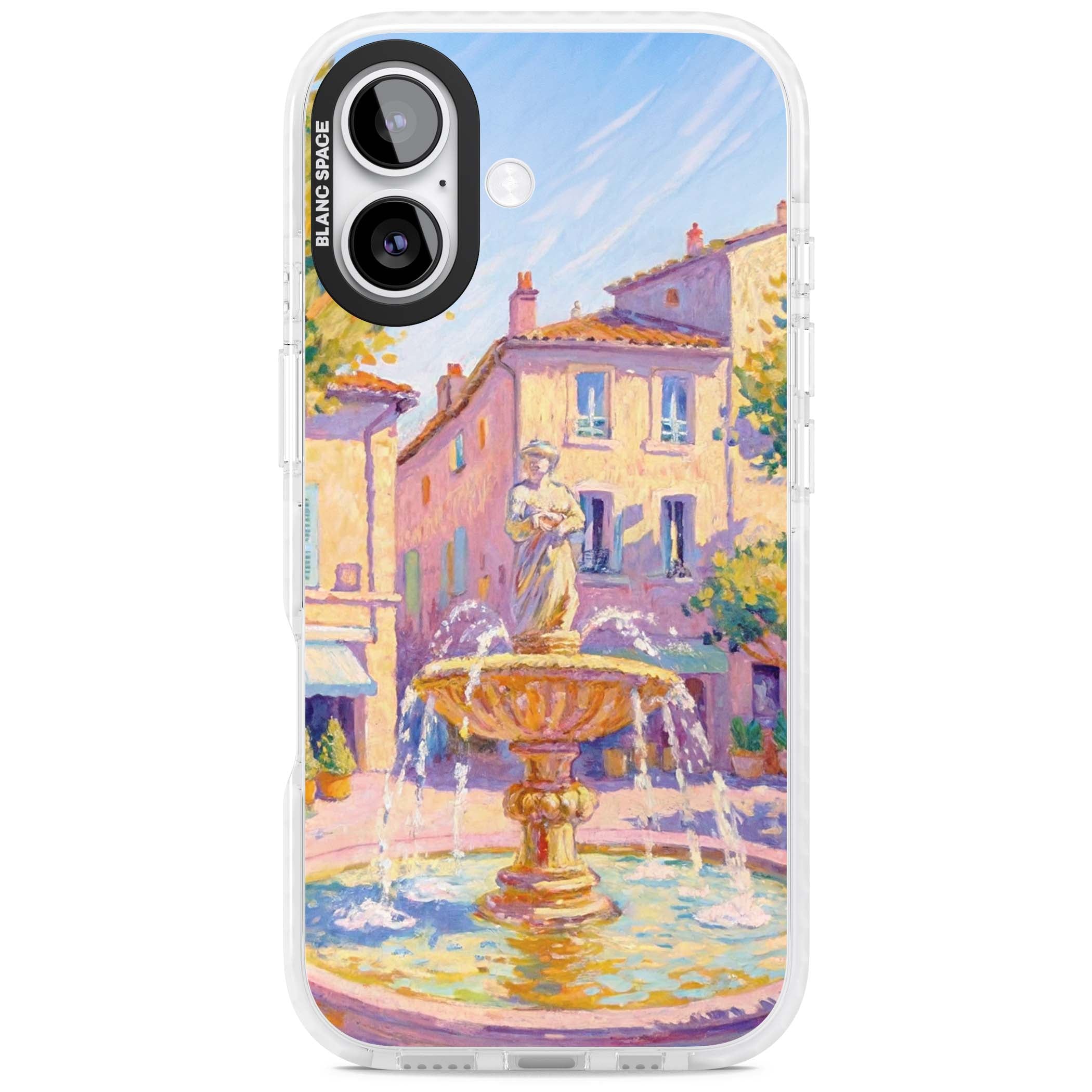 Fountain Square fine art iPhone case featuring an impressionist Provençal fountain, pastel village buildings and summe | Black Impact case for iPhone 17