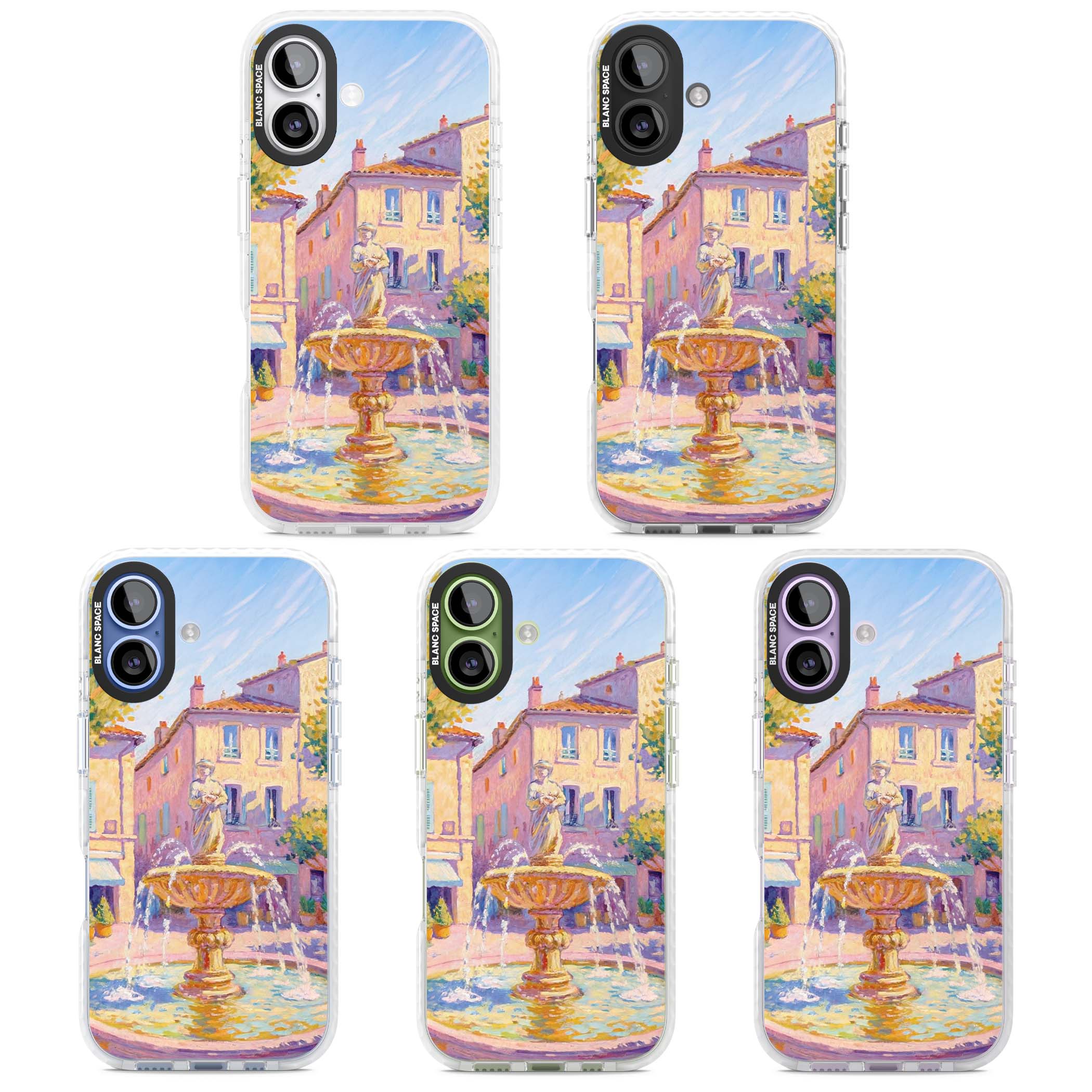Fountain Square fine art iPhone case featuring an impressionist Provençal fountain, pastel village buildings and summe | Black Impact case for iPhone 17