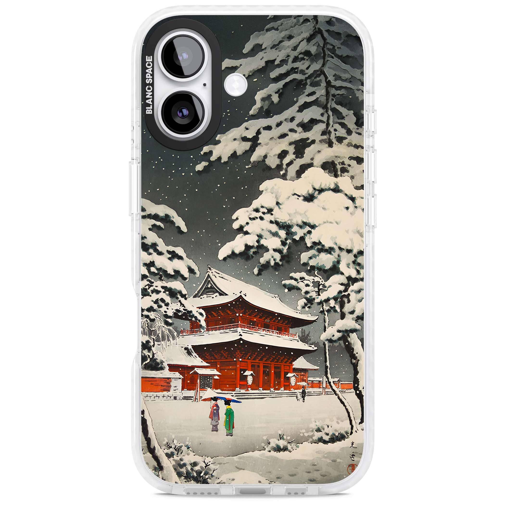 Snow at Shiha Park, Tokyo Japanese art iPhone case featuring a vintage ukiyo-e snowy temple, red pagoda, and snow-covered pin | Black Impact case for iPhone 17