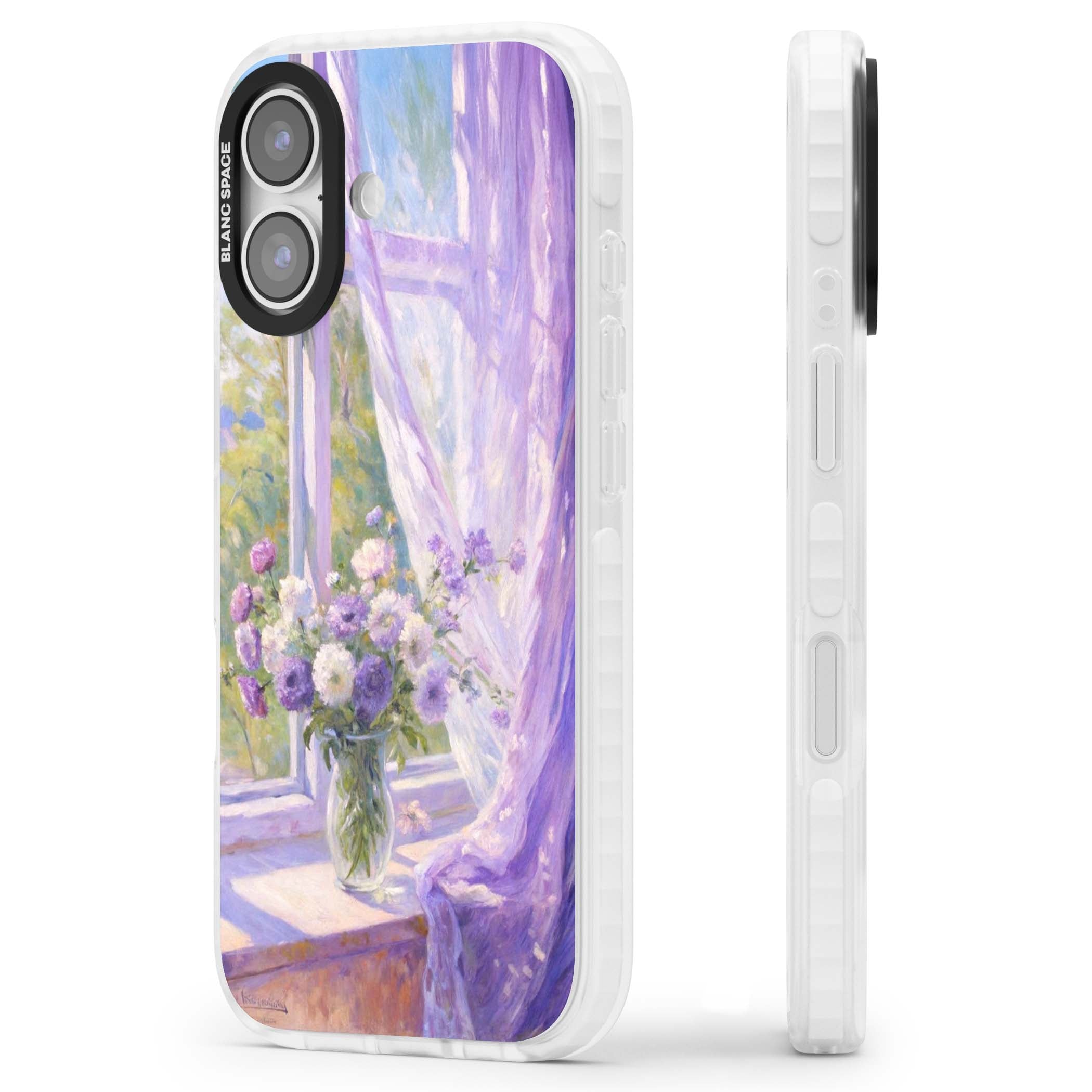 A Provence Morning impressionist art iPhone case featuring a vase of purple flowers, sunlit window and sheer curt | Black Impact case for iPhone 17