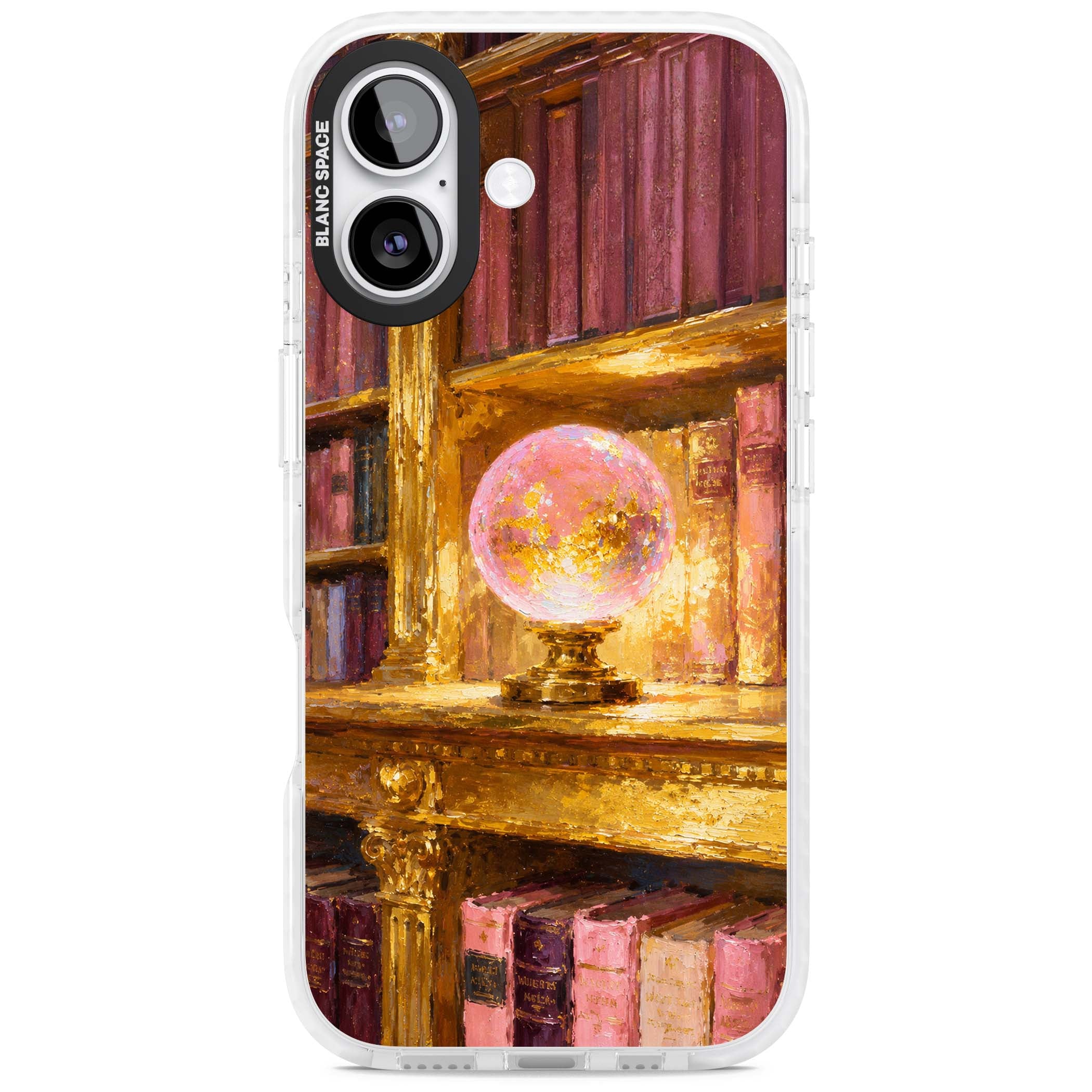 Gilded Library dark academia iPhone case featuring an oil painted crystal ball on a gilded library shelf with vintage | Black Impact case for iPhone 17