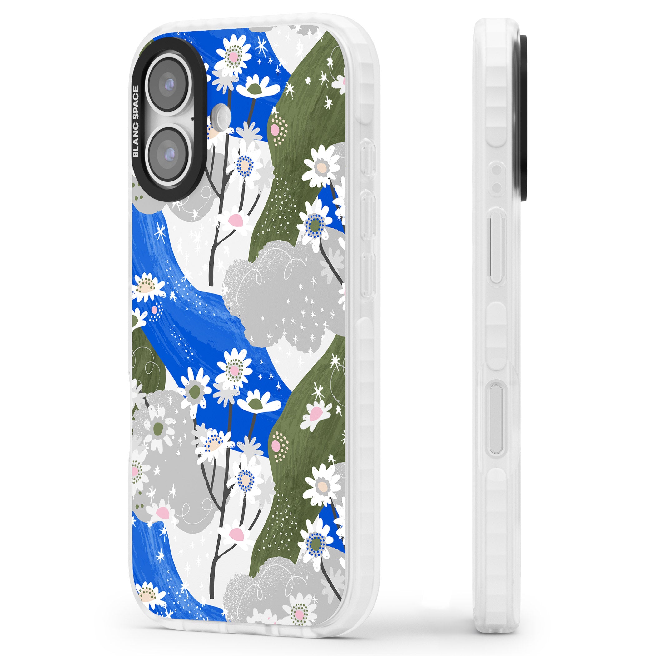 Blue & Grey Daisies Pattern iPhone 17 Impact Pro Clear Phone Case Side Profile