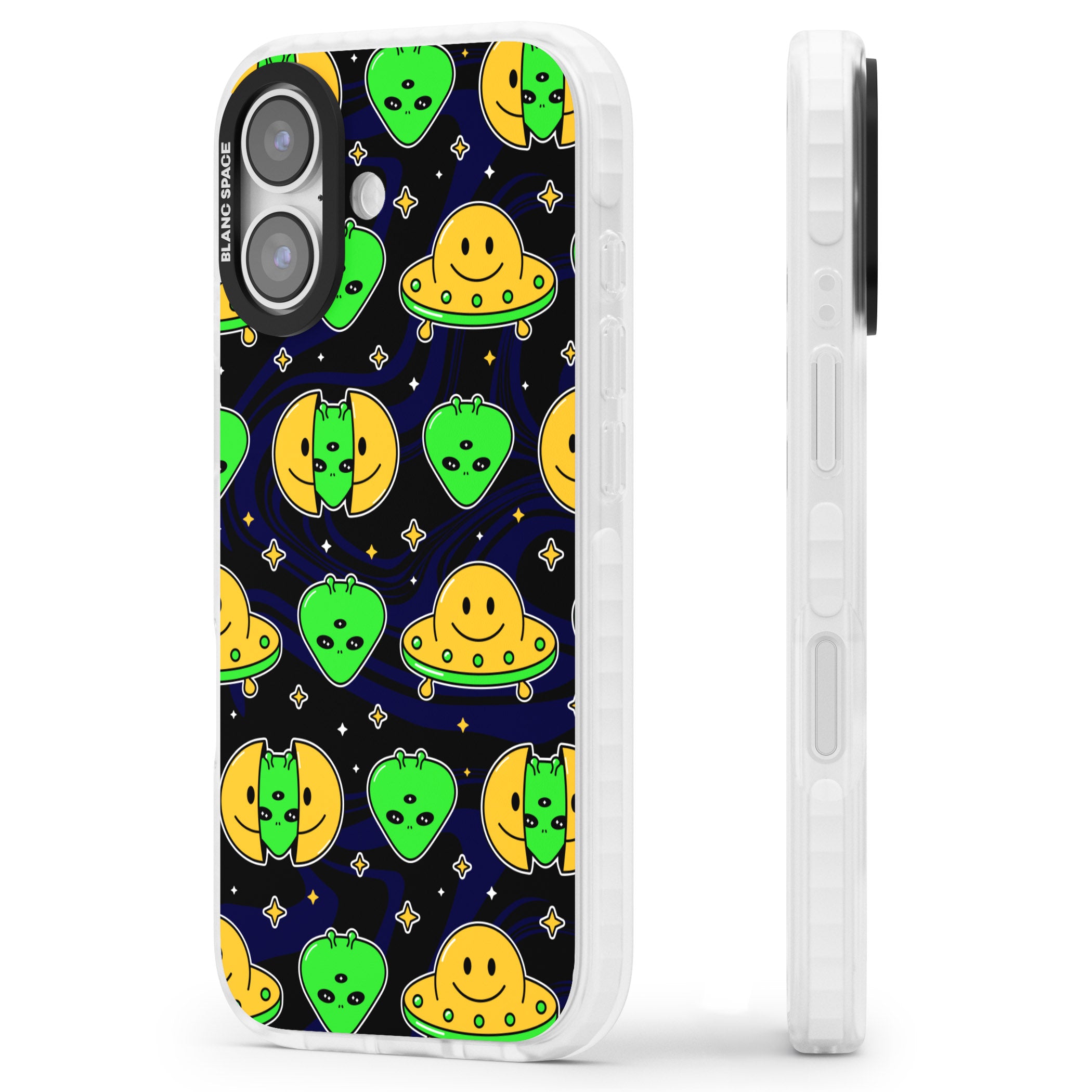 Alien Head Pattern iPhone 17 Impact Pro Clear Phone Case Side Profile