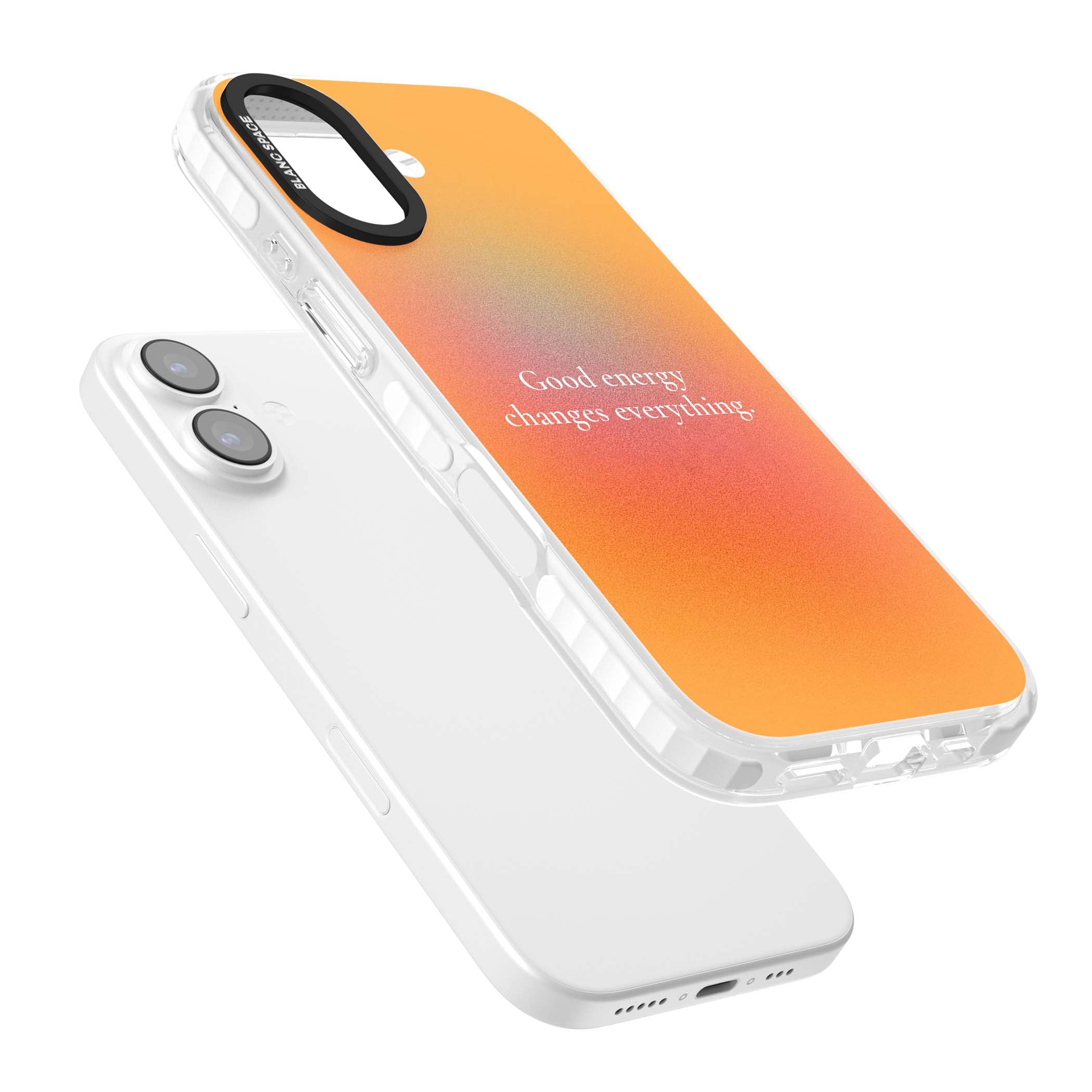 Good Energy quote iPhone case featuring an orange and pink aura gradient with white serif affirmation text | Impact Magsafe case for iPhone 17