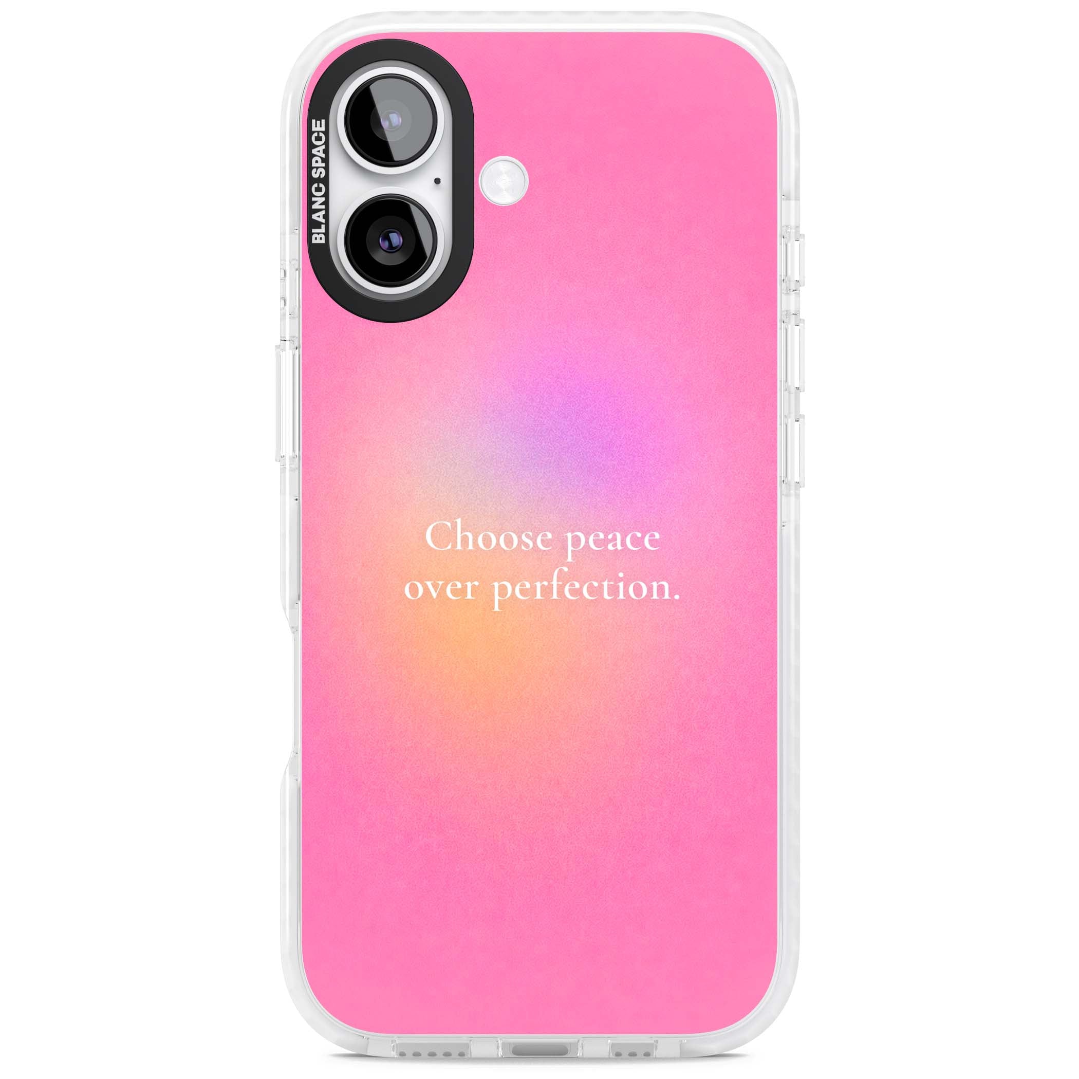 Peace Over Perfection quote iPhone case featuring a dreamy pink aura gradient and delicate white affirmation text | Impact Magsafe case for iPhone 17