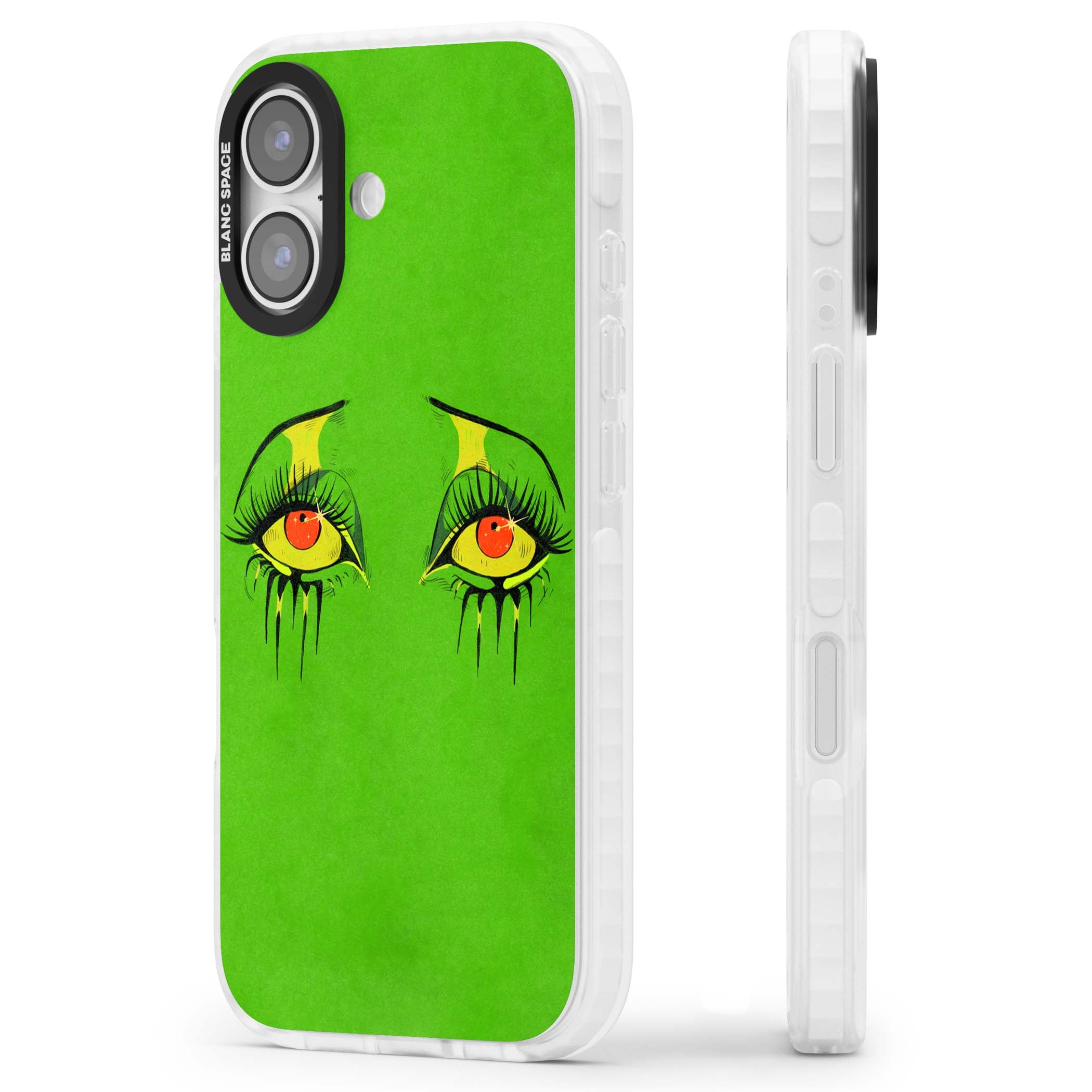Green Enchanted Eyes psychedelic art iPhone case featuring hand-drawn dripping eyes on neon green background | Impact Magsafe case for iPhone 17