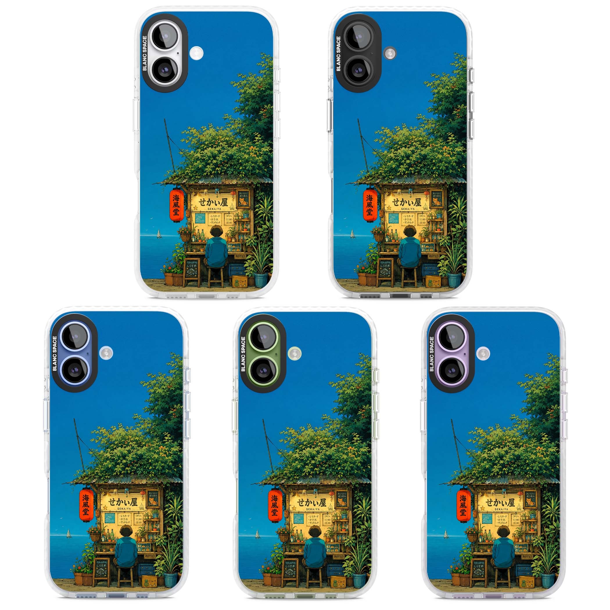 The Shirahama Kiosk anime iPhone case featuring a Japanese seaside shop, red paper lantern and ocean view | Impact Magsafe case for iPhone 17