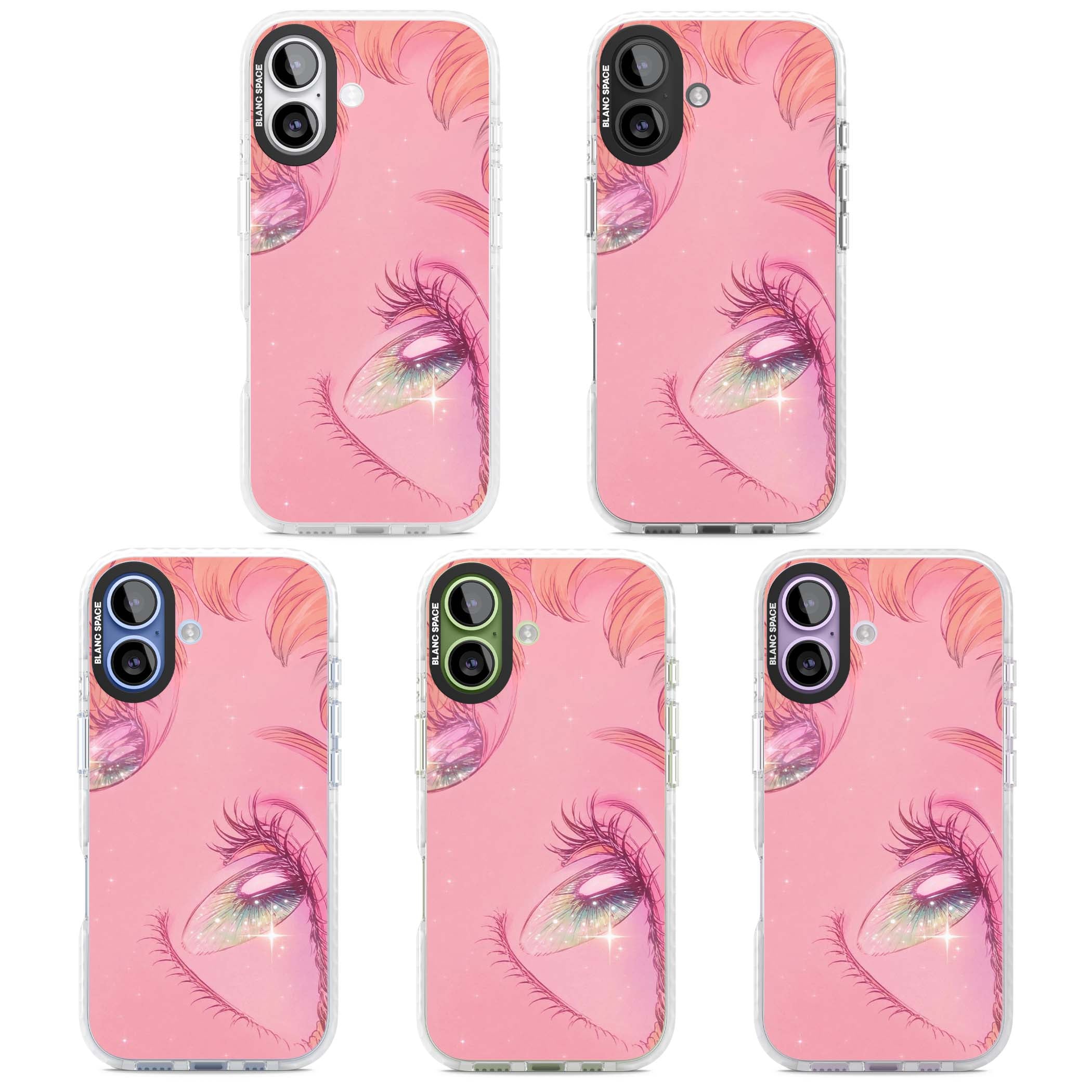 Pink Ethereal Gaze anime iPhone case featuring sparkling manga eyes, coral lashes and dreamy peach sky | Impact Magsafe case for iPhone 17