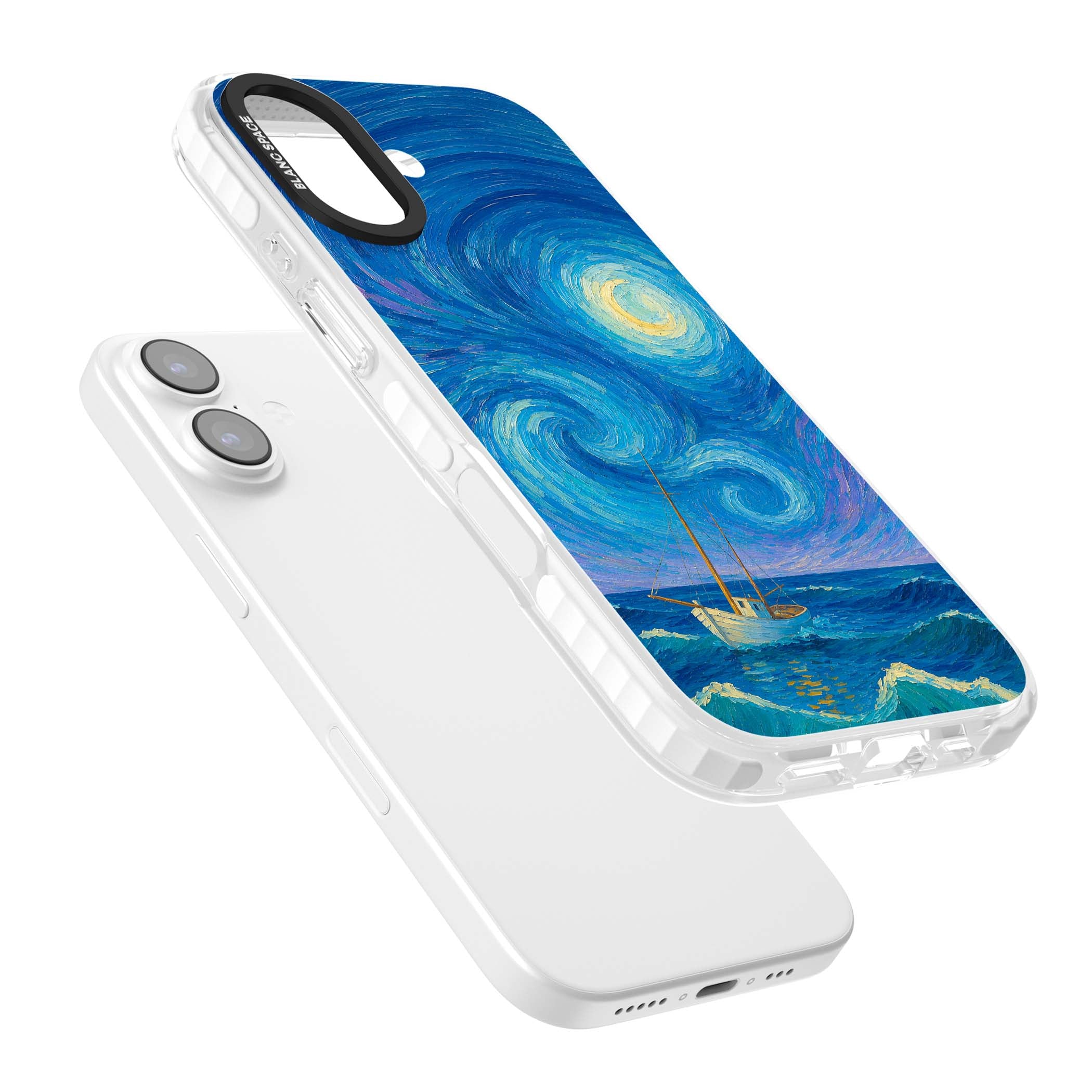 Moonlit Tide Van Gogh art iPhone case featuring swirling starry night sky, glowing moon and lone sailing boat at sea | Impact Magsafe case for iPhone 17
