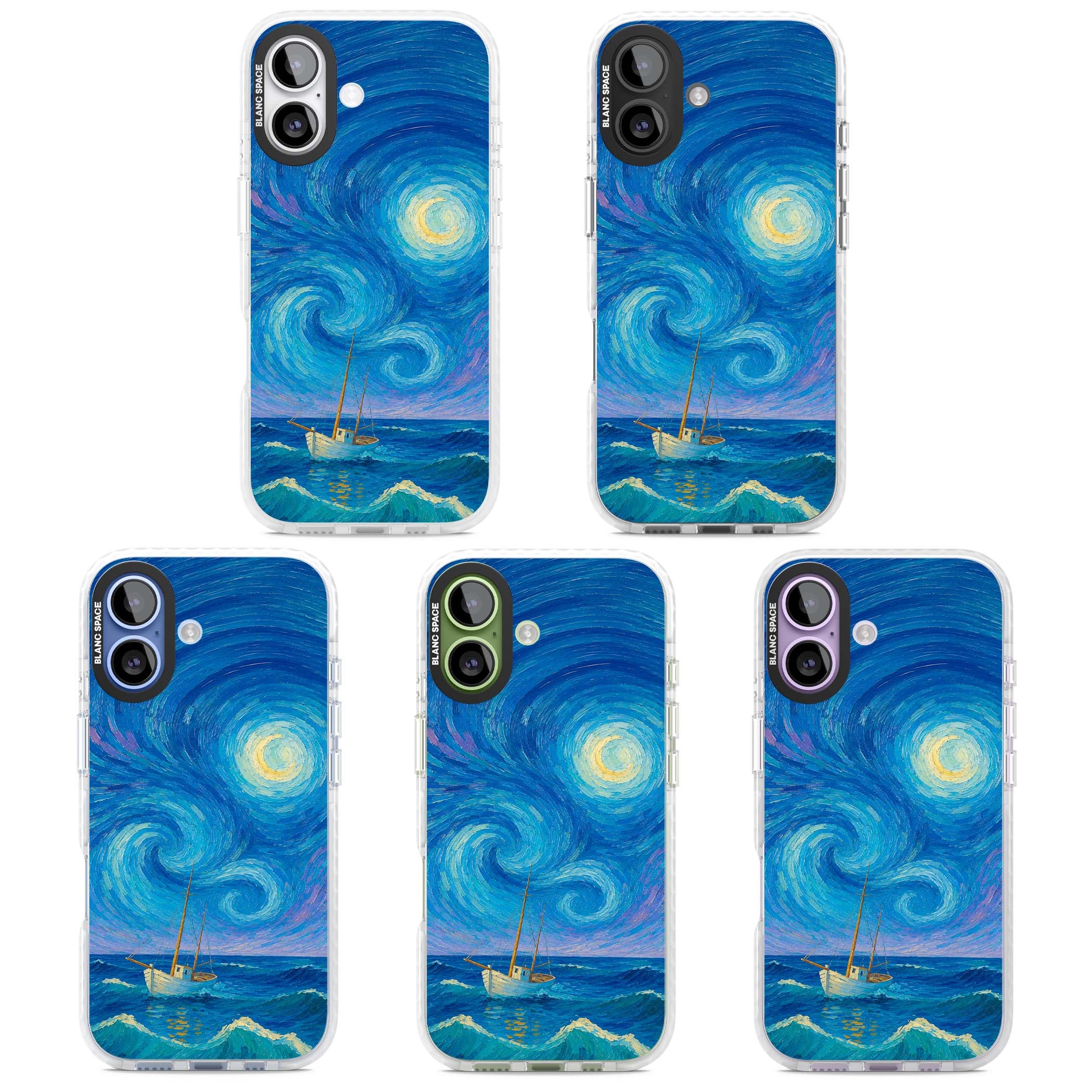 Moonlit Tide Van Gogh art iPhone case featuring swirling starry night sky, glowing moon and lone sailing boat at sea | Impact Magsafe case for iPhone 17