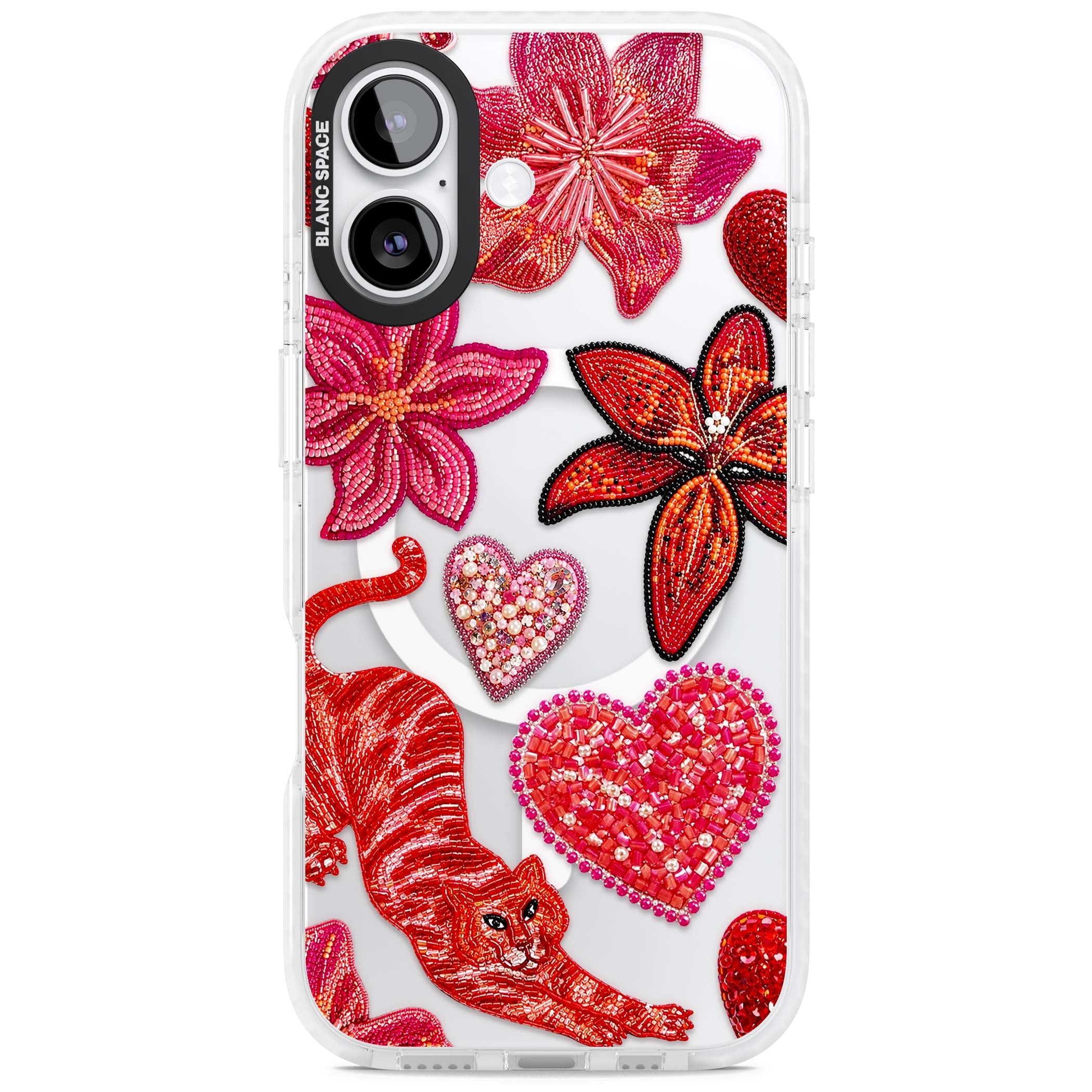 Beaded Boho floral iPhone case featuring beaded red lilies, a stitched tiger, and pearl-encrusted hearts on clear | Impact Magsafe case for iPhone 17