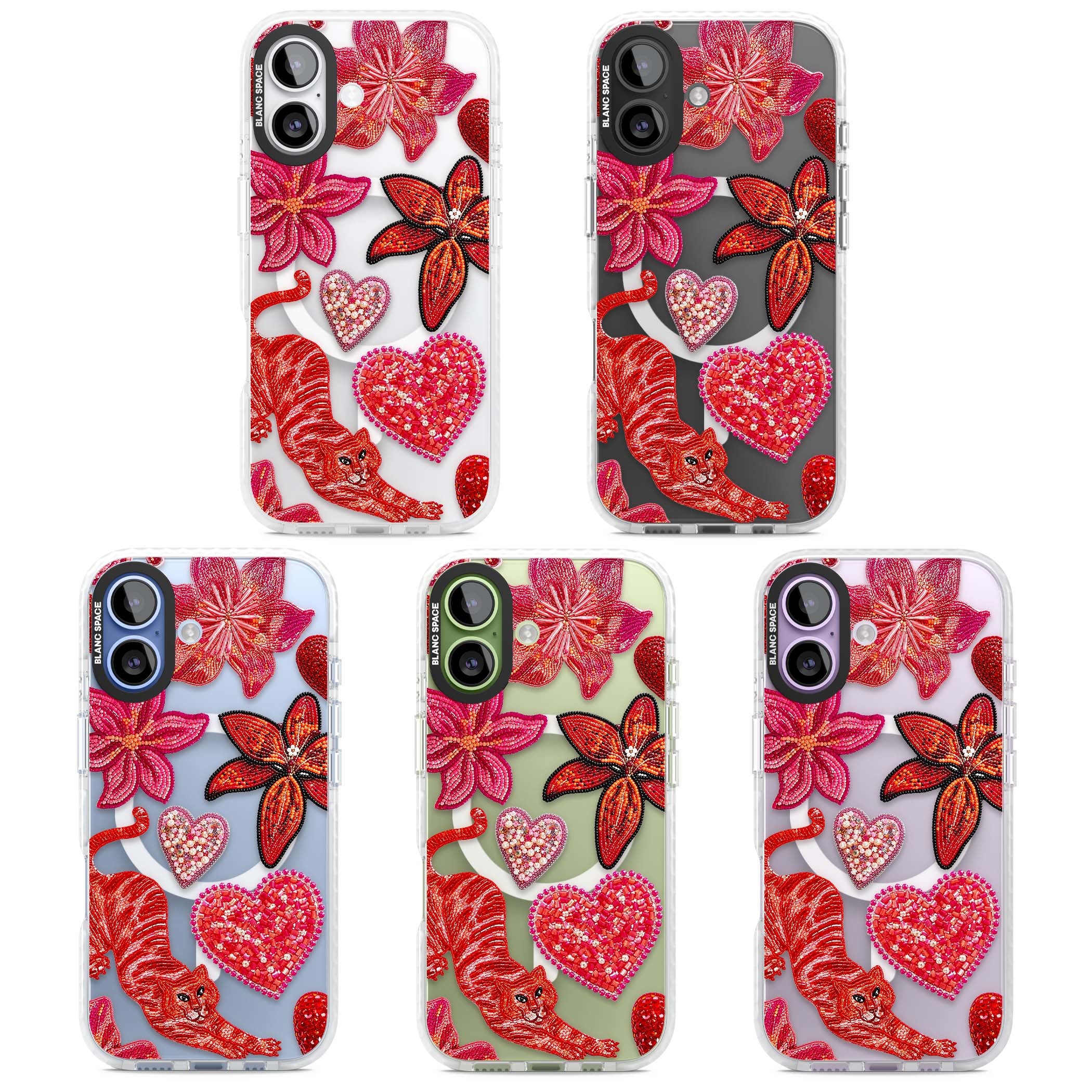 Beaded Boho floral iPhone case featuring beaded red lilies, a stitched tiger, and pearl-encrusted hearts on clear | Impact Magsafe case for iPhone 17