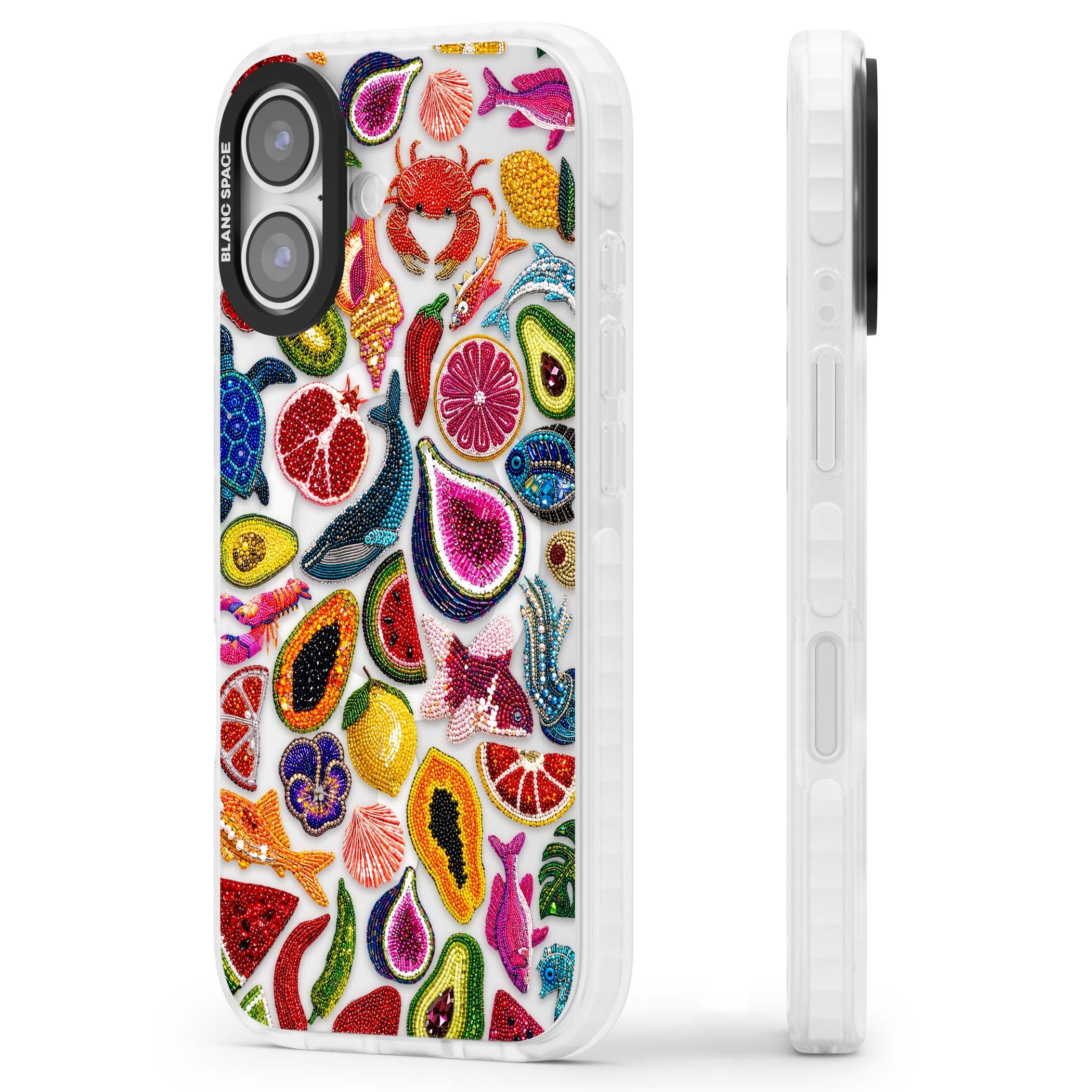 Beaded Tropic tropical iPhone case featuring beaded fruit, fish, crabs and seashells in vibrant colour | Impact Magsafe case for iPhone 17