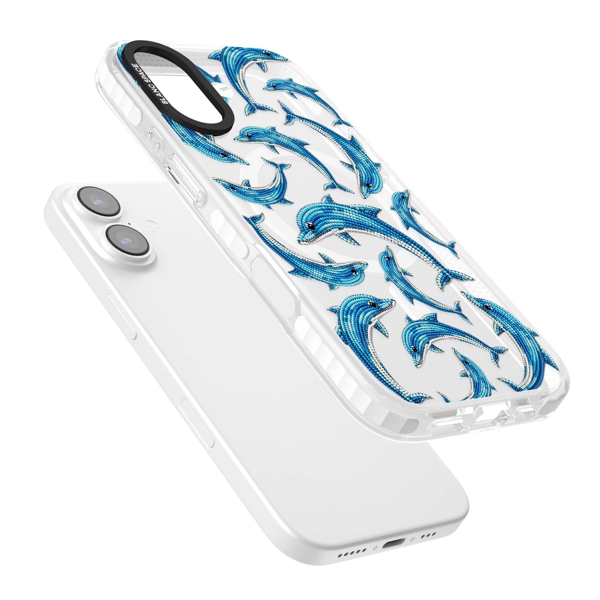 Beaded Dolphins coastal iPhone case featuring beaded dolphins in blue and white swimming across a clear background | Impact Magsafe case for iPhone 17